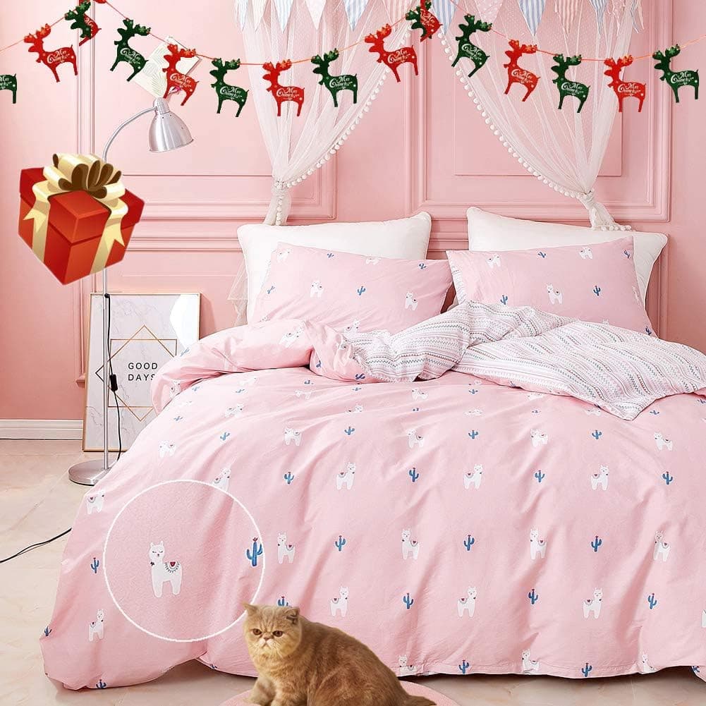 Cottonight Queen Alpaca Duvet Cover Pink Girls Cotton Bedding Set Cactus Reversible Striped Duvet Cover Set 3PC Super Soft Comfy