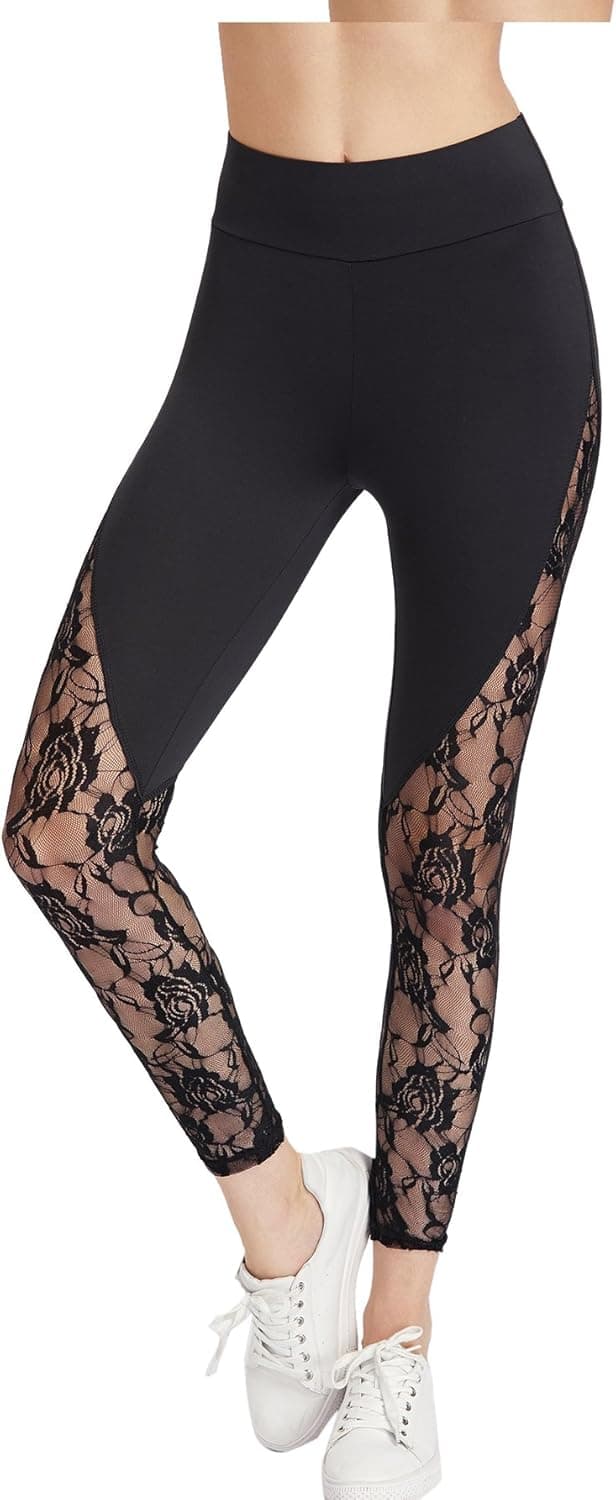 SweatyRocks Women's Mesh Panel Side High Waist Leggings Skinny Workout Yoga Pants Black L