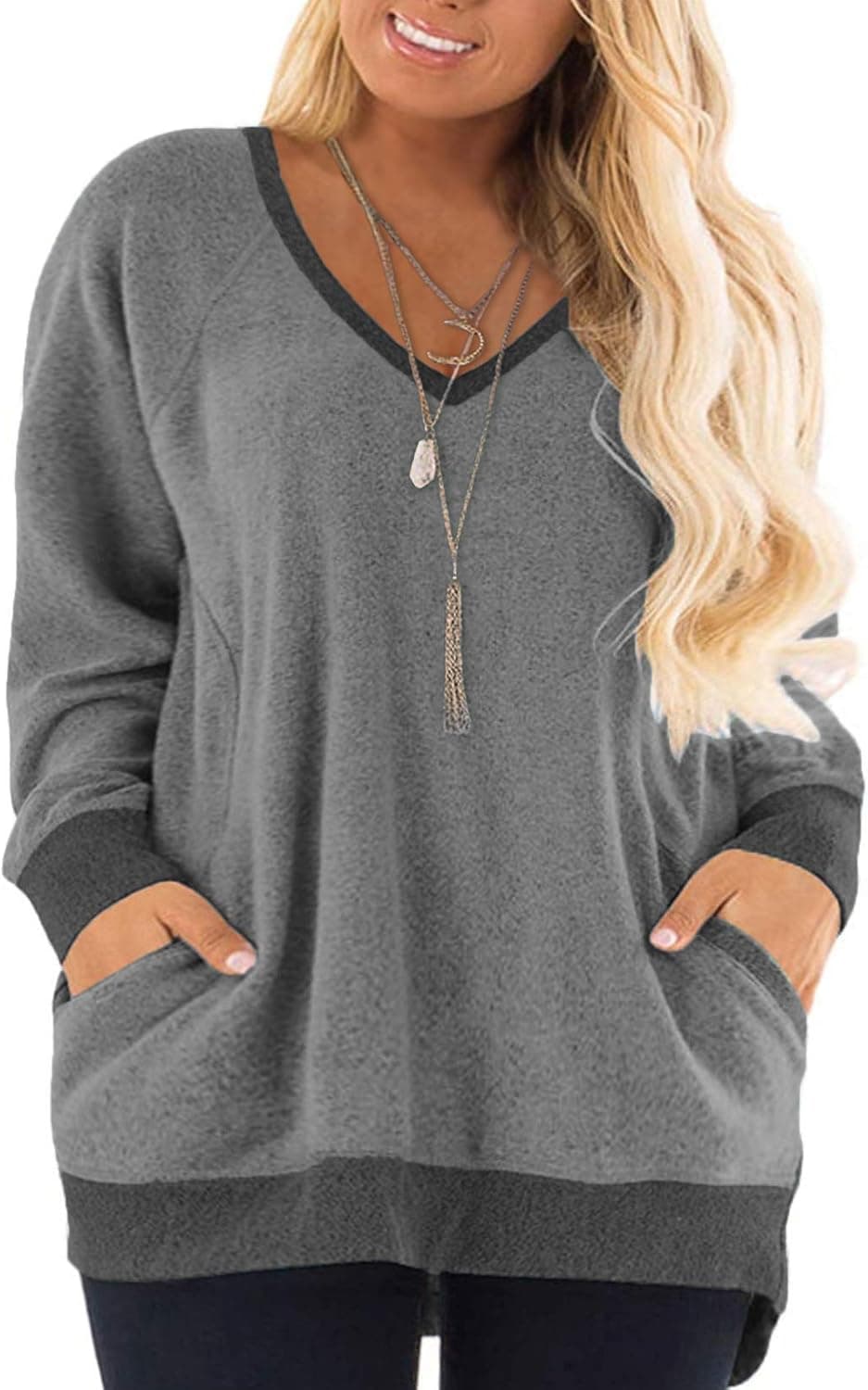 DOLNINE Women's Plus Size Sweatshirts Color Block Long Sleeve Pocket Shirts Tops