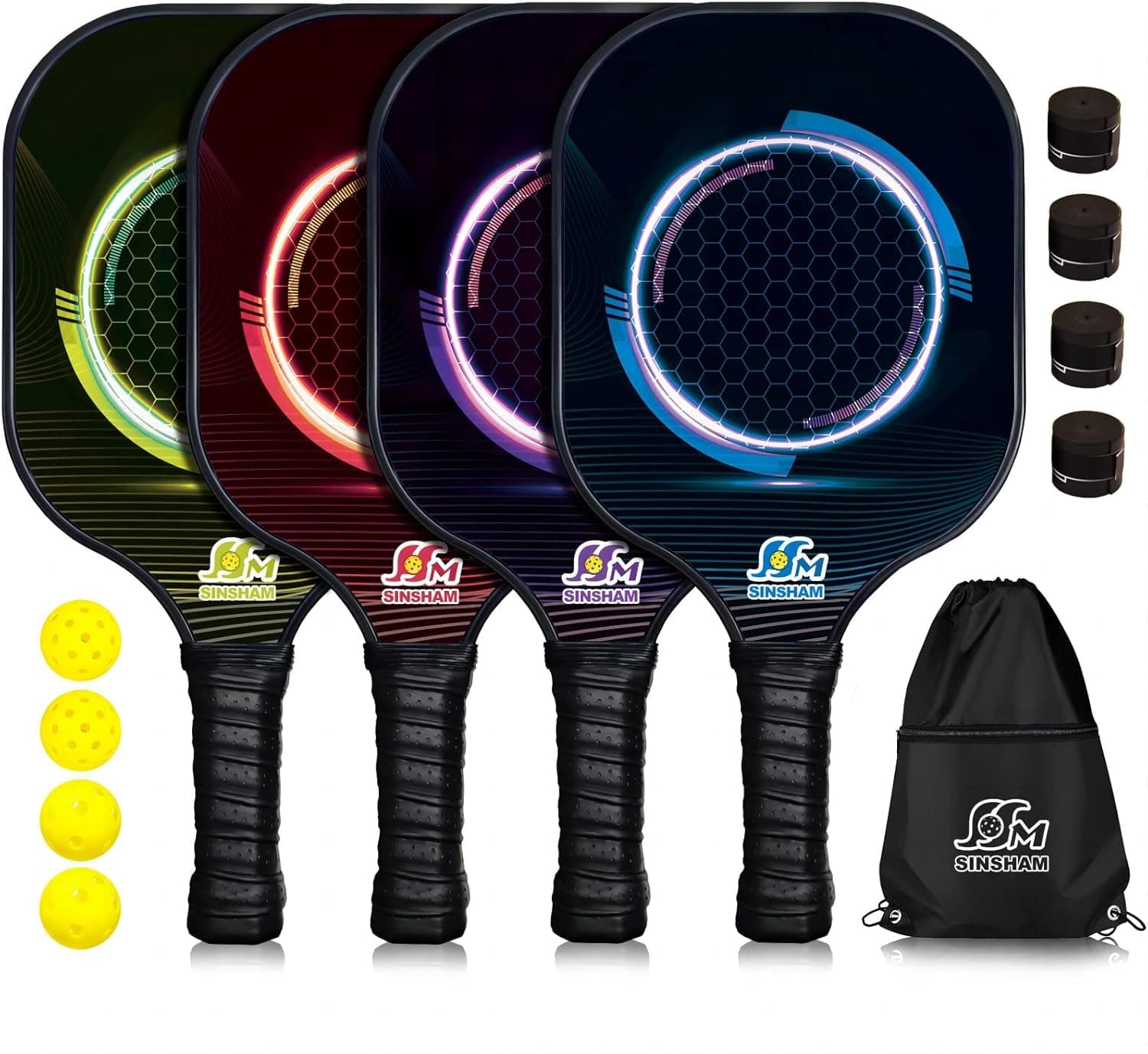 SINSHAM Pickleball Paddles Set of 4 or 2 Graphite Pickleball Rackets Honeycomb Core Pickleball Set Includes 4 or 2 Pickleball Paddles+Pickleball Balls+4 Replacement Soft Grip+1 Bag