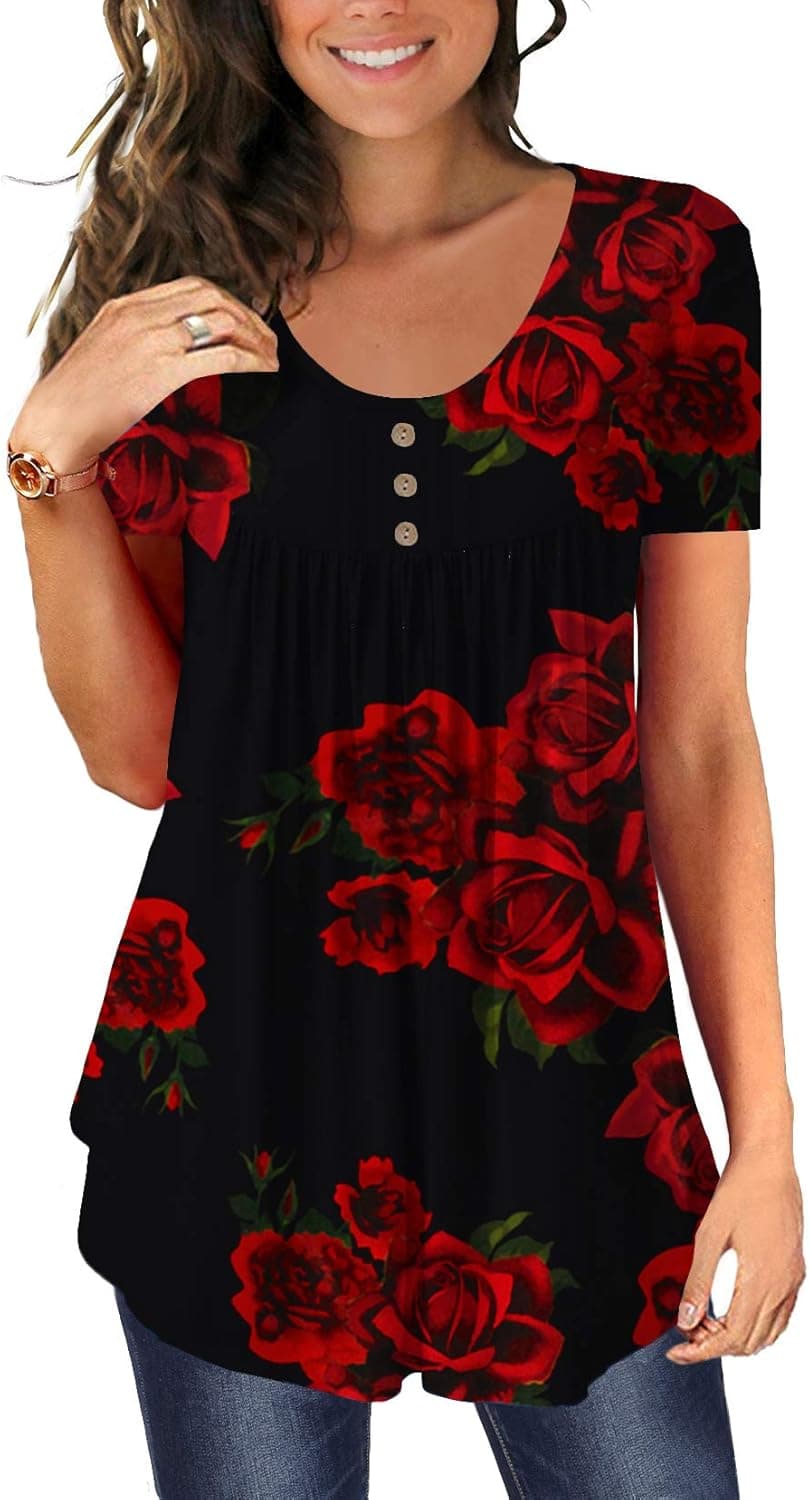 BeadChica Women's Tunic Tops For Leggings Short Sleeve Shirts Botton Up Casual Ruched Blouses Clothes