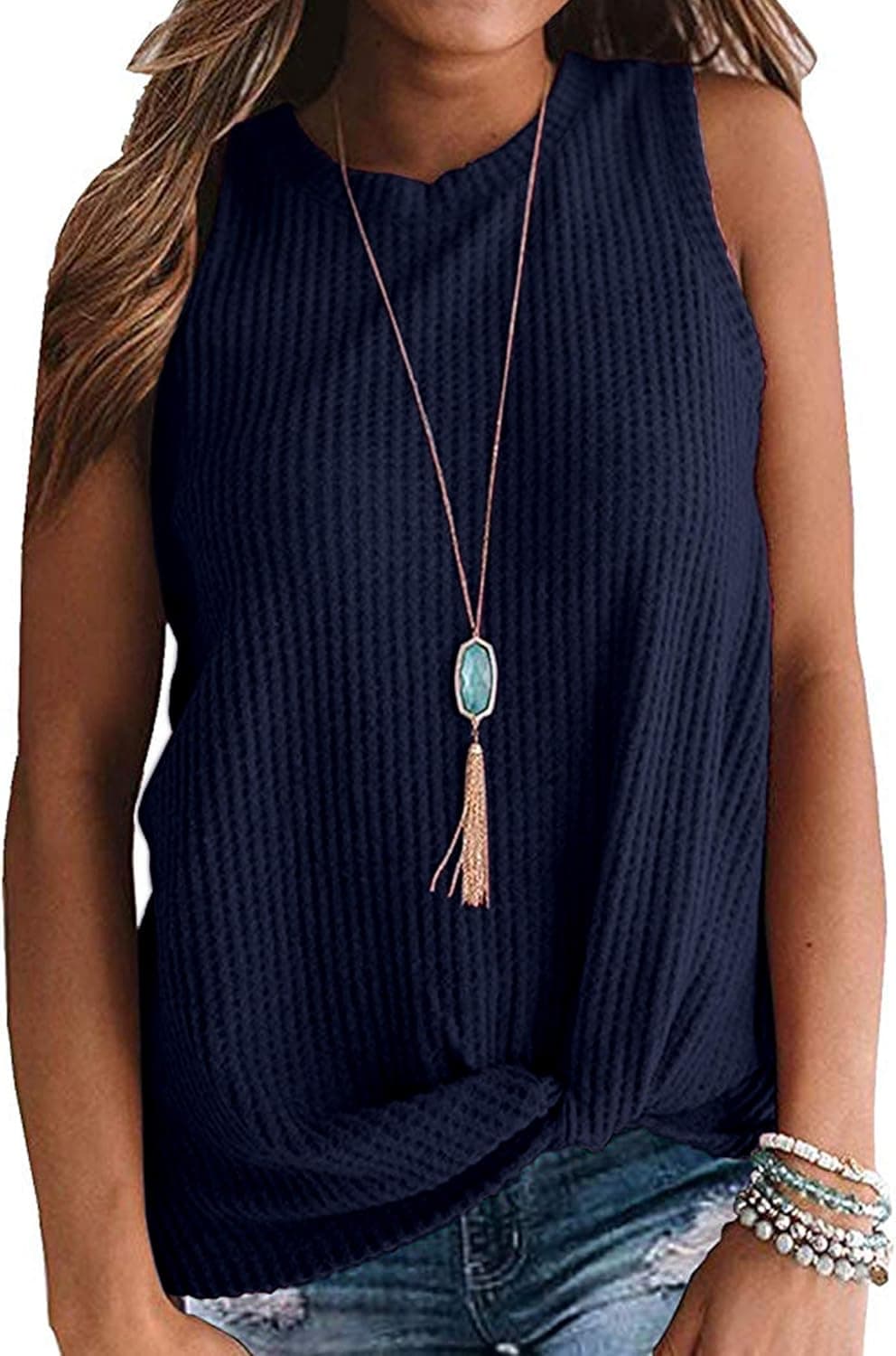 WNEEDU Womens Casual Tops Crewneck Sleeveless Waffle Knit Twist Knot Shirts Tank Tops 2XL Navy Blue