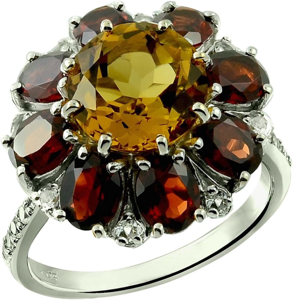 6.56 Carats Citrine with Garnet and White Topaz Sterling Silver Ring
