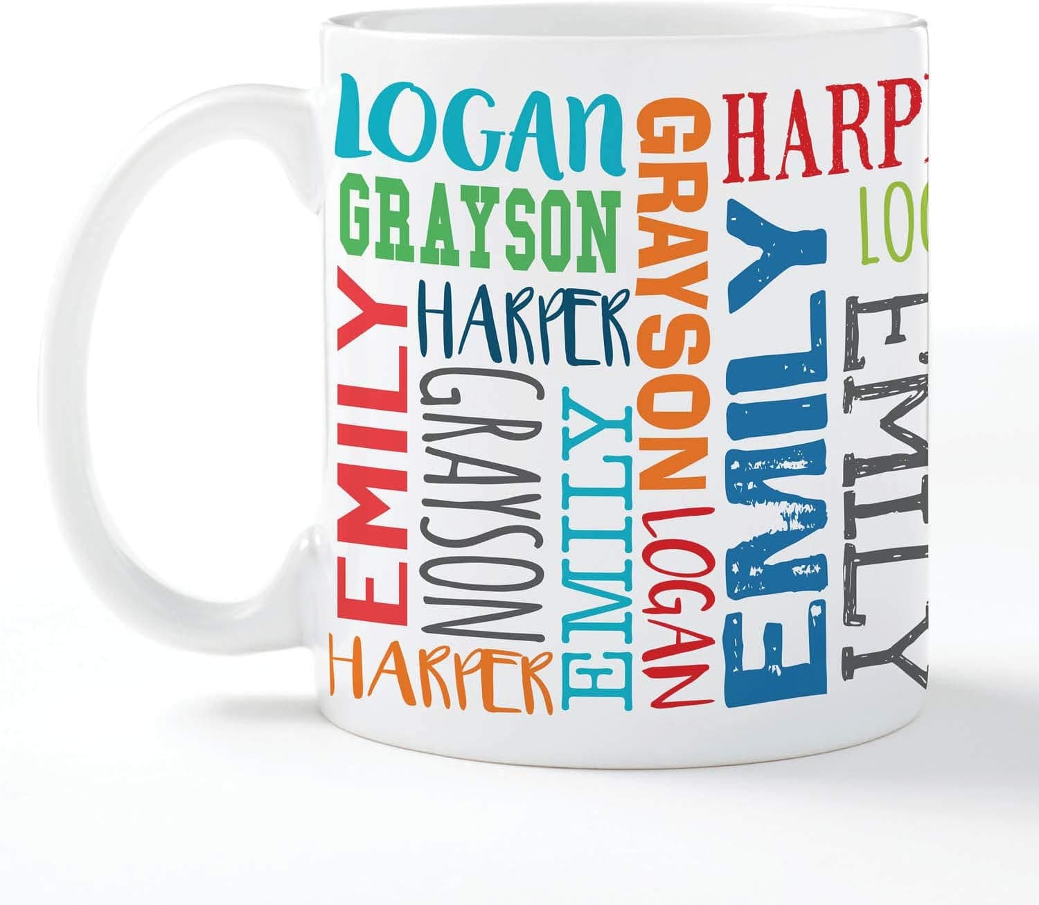 Name Repeating Mug Personalized Coffee Mug with 4 Custom Names Printed, White Ceramic Cup with Handle, Creative and Fun Novelty Gift, 11oz