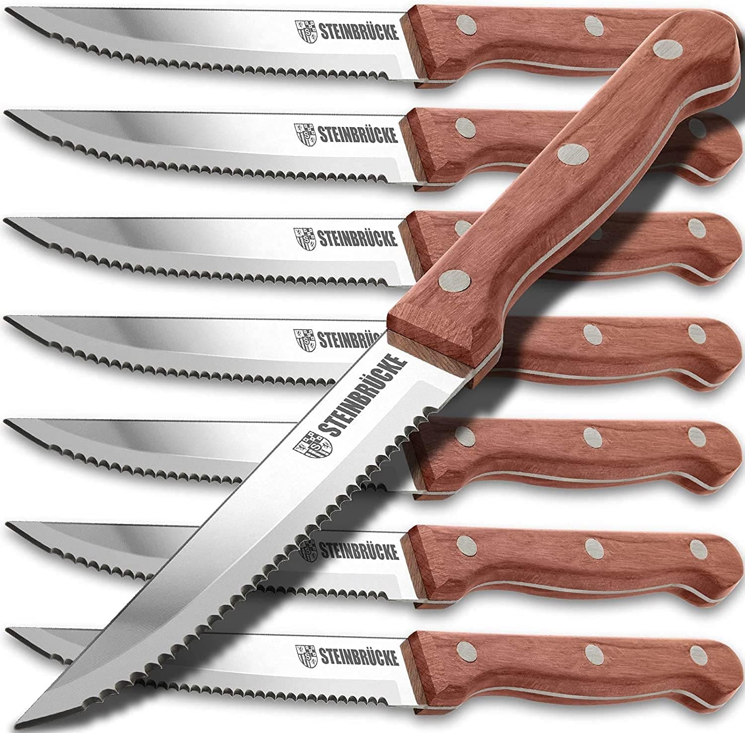 Steak Knives Set of 8 - Steak Knives with Polished Rosewood Handle, 5Cr15Mov Stainless Steel Blade HRC 57-58 Hardness Full Tang (Not dishwasher safe)