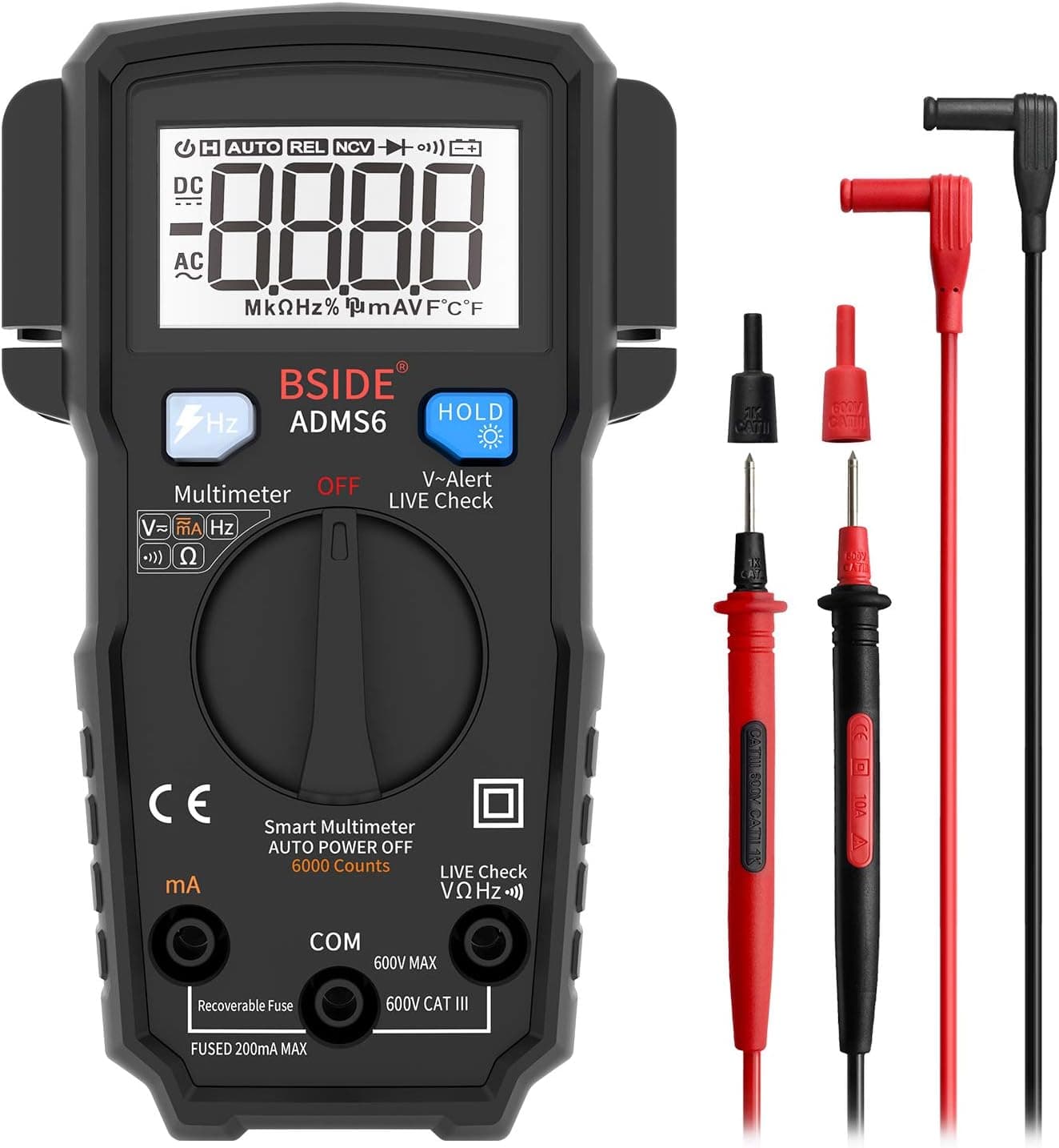 Bside Smart Digital Multimeter Fully Auto-Ranging 6000 Counts Voltmeter AC/DC Current Voltage Frequency V-Alert Live Wire Check Electrical Tester with Color Button