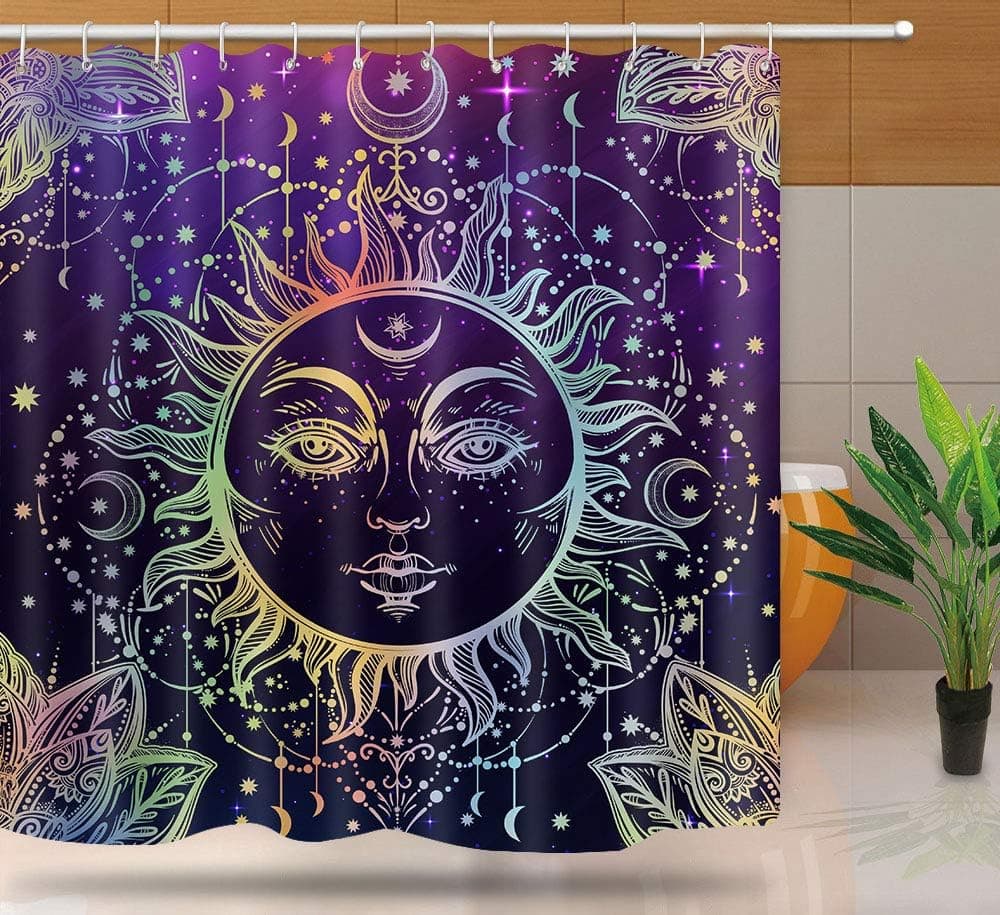 NTETSN Sun Moon Shower Curtain Burning Sun with Star Psychedelic Theme Bath Curtain, Washable Upgrade Polyester Fabric for Bathroom Set with Hooks, Purple YLYYNT7-72 (7272)