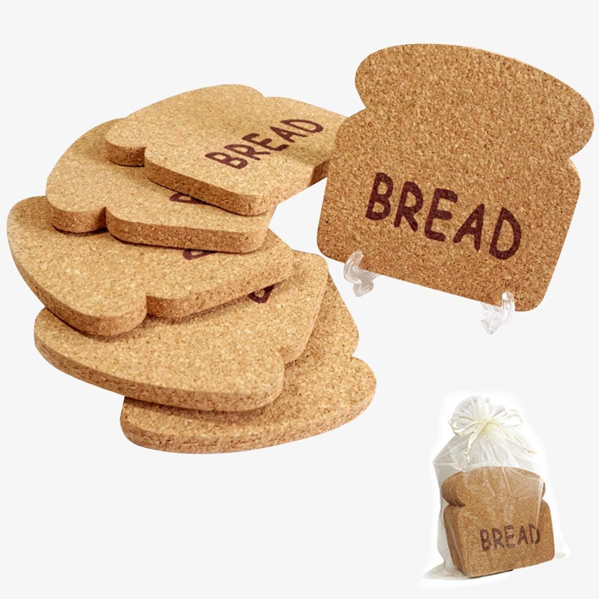 Gova Cork Coasters Set 6 pcs Bread Coasters w/ 2 Holders in Gift Bag Extra Absorbent Diameter 4x4" Thickness 0.4" Fun Drink Coaster Set, Not Monotonous as Round/Square