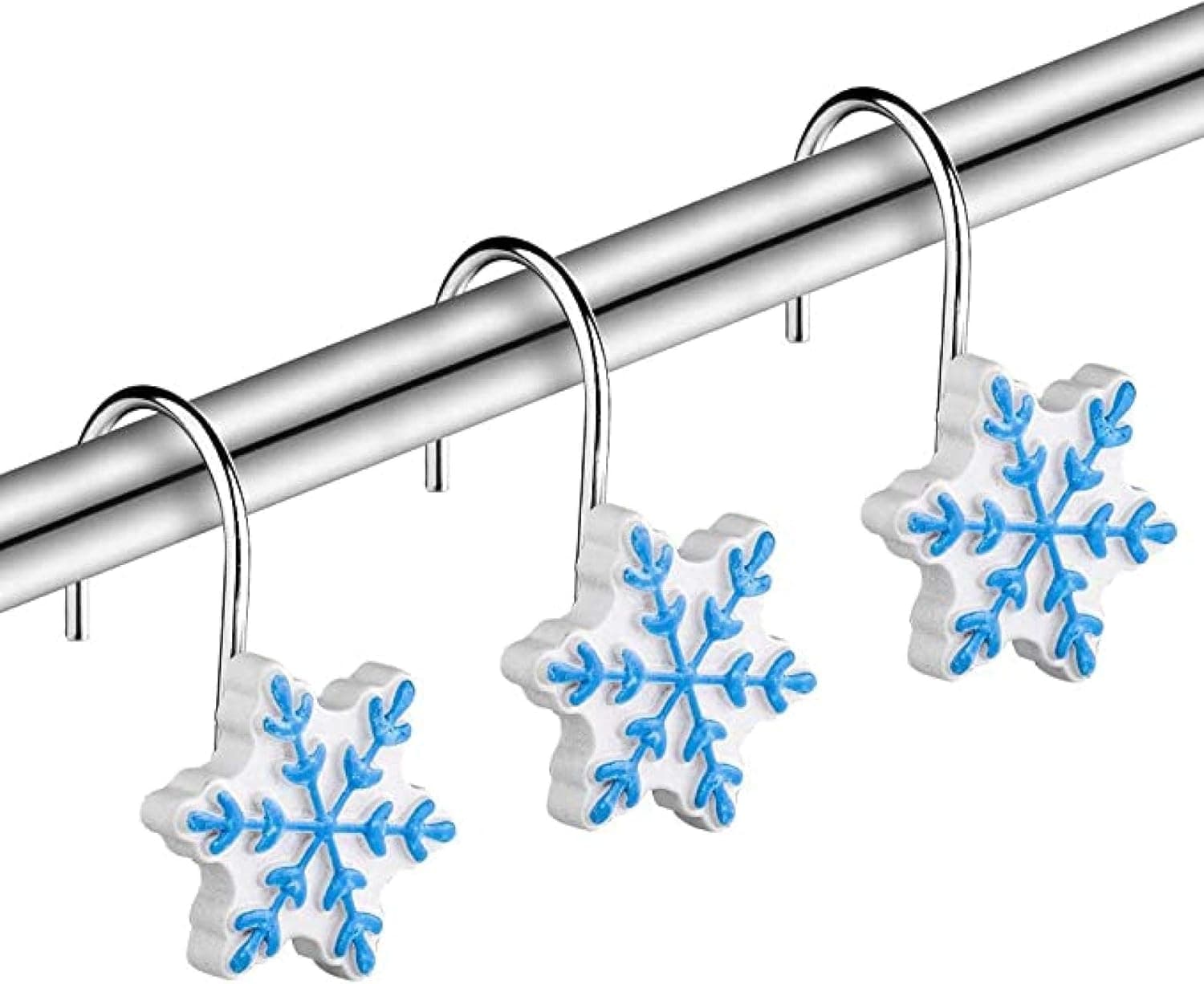 Christmas Decorative Shower Curtain Hooks - 12pcs Rust Proof Stainless Steel Resin Snowflake Curtain Rings Shower Curtain Sliding Hooks for Winter Snowman Bathroom Restroom Snowflake
