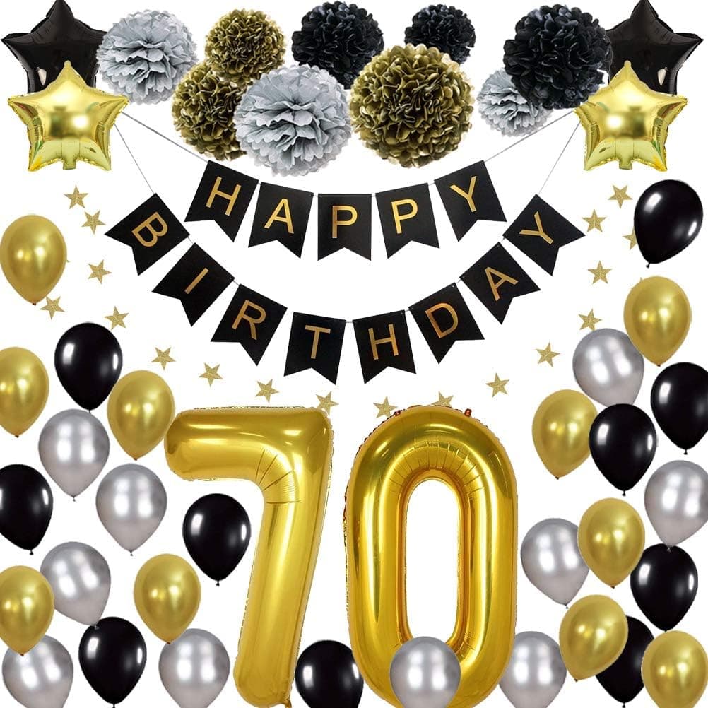70th Happy Birthday Party Supplies Kit, (47pcs) - Silver, Black and Gold – 70th Birthday Decorations (Helium Balloons, Banner & Paper Flowers) - for Men, Women, Boys & Girls