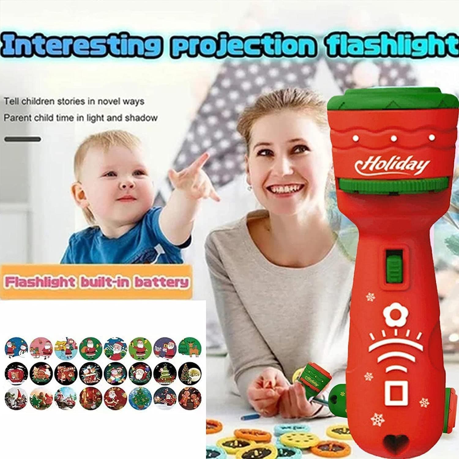 Children Christmas Flashlight Projector Light,24 Christmas Patterns Projector,Slide Projector Flashlight Educational Learning,Santa Claus Elk Snowman Tree Christmas Toys Children Gifts (Red)