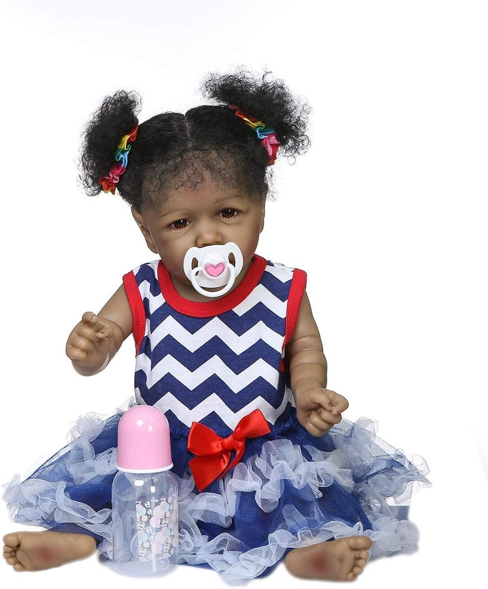 Angelbaby Doll Reborn Baby Dolls African American, 22 inch Realistic Full Silicone Body Girl Dolls Realistic Look, Washable Weighted Reborn Toddler Dolls for Children Age 3+ (Sky Blue)