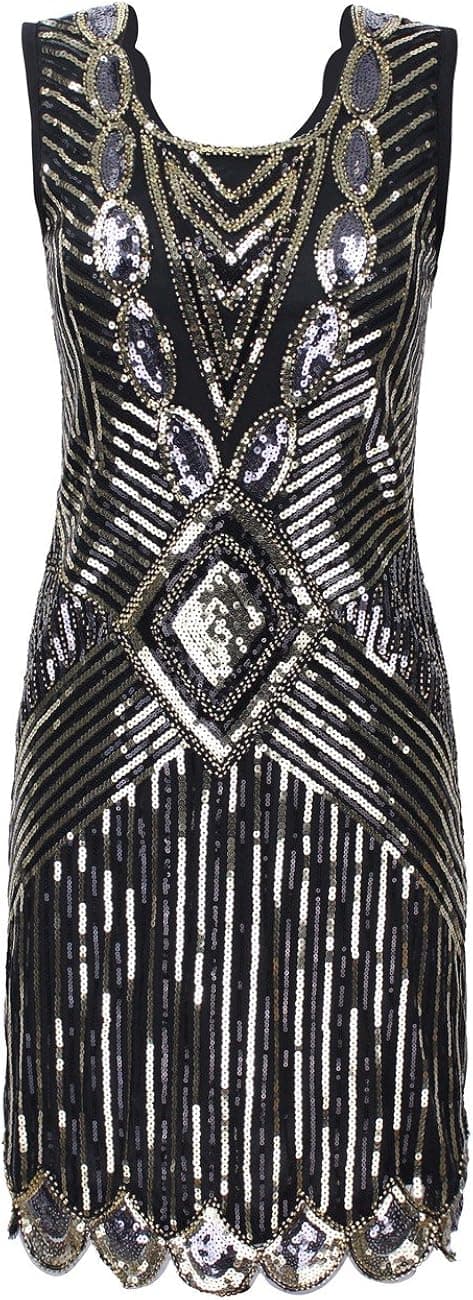 kayamiya Women's 1920S Sequined Beaded Back Deep V Gatsby Flapper Evening Dress
