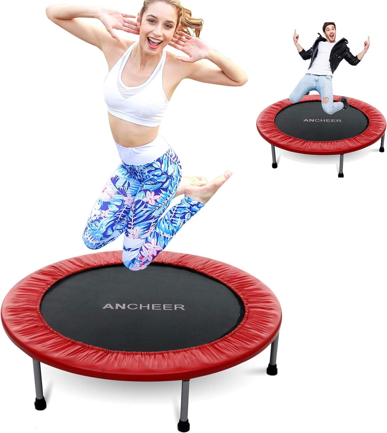 ANCHEER Foldable Mini Trampoline Rebounder, Quiet and Safe Bounce Spring Mini Bouncer Fitness Trampoline Rebounder for Kids Adults in Home/Garden/Office Cardio Trainer (Red, 38inch Folding Twice)