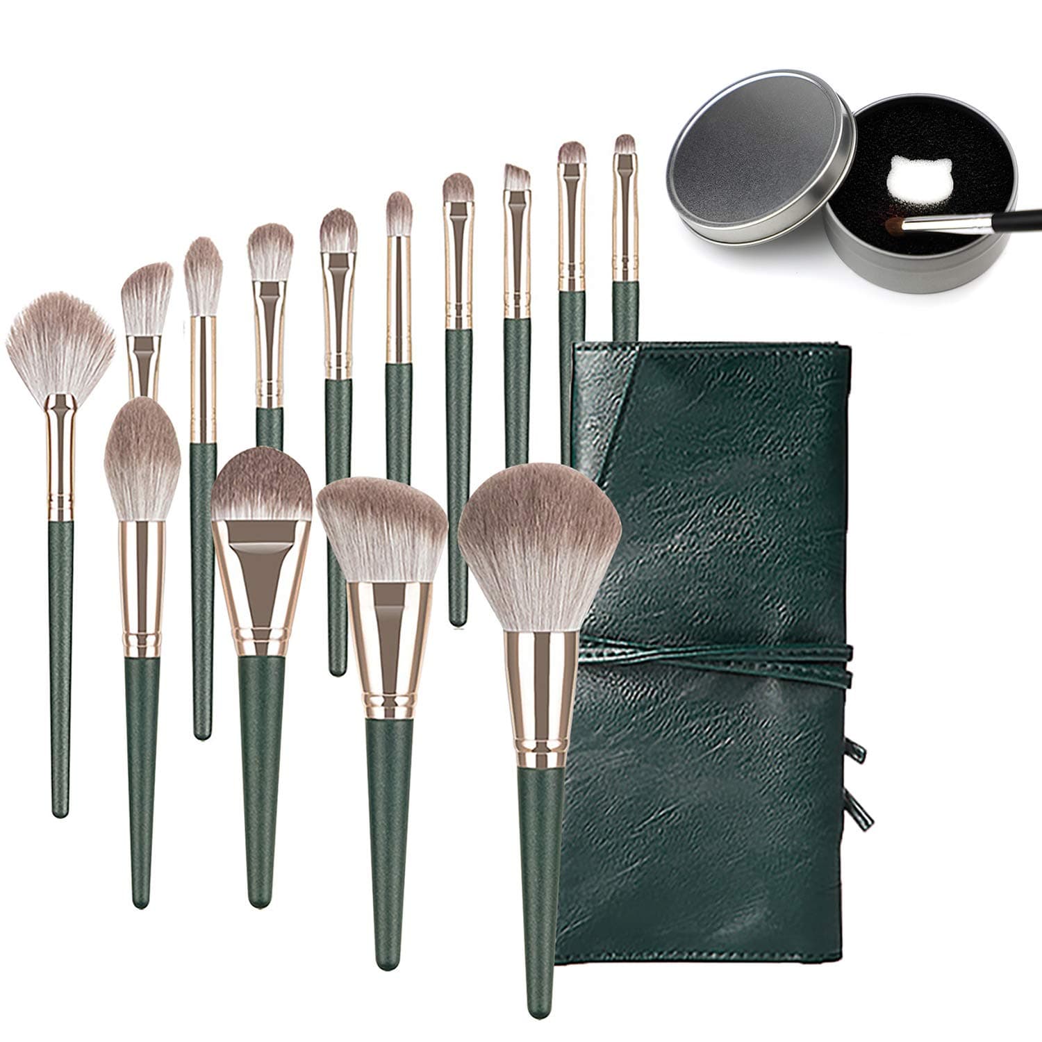 Makeup Brushes Set, ANROM 14Pcs Multifunctional Makeup Brushes with Case and Dry Color Removal Brush Cleaner (Green)