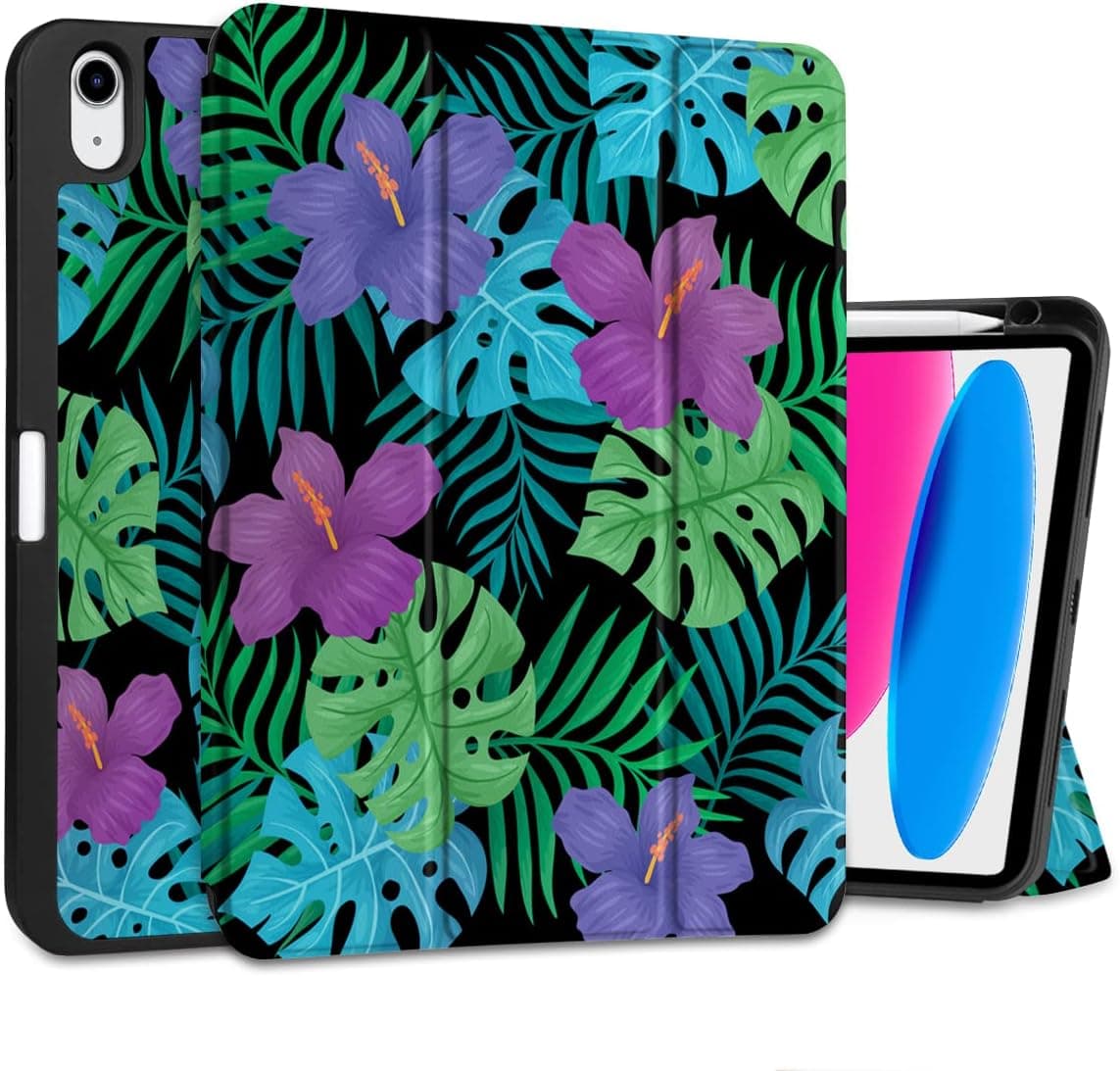 MEEgoodo Case for iPad 10th Generation 10.9 inch Case 2022, iPad Case with Trifold Stand + Pencil Holder + Auto Wake/Sleep + Soft TPU Protective Stand Back Cover for Kids, Tropical