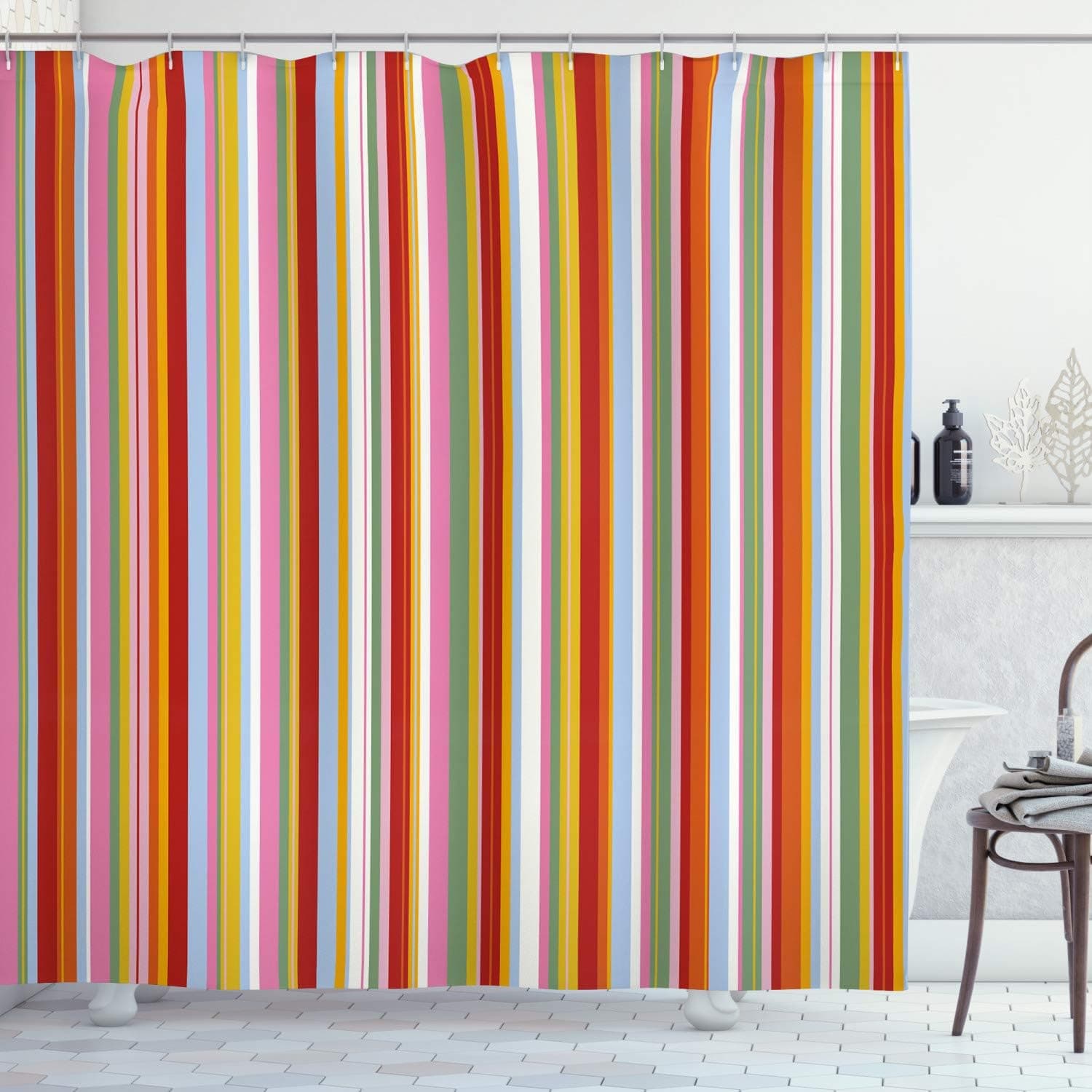 Ambesonne Retro Shower Curtain, Vertical Striped Pattern in Vibrant Colors Funky Grunge Geometric Artwork, Cloth Fabric Bathroom Decor Set with Hooks, 69" W x 84" L, Red Rainbow