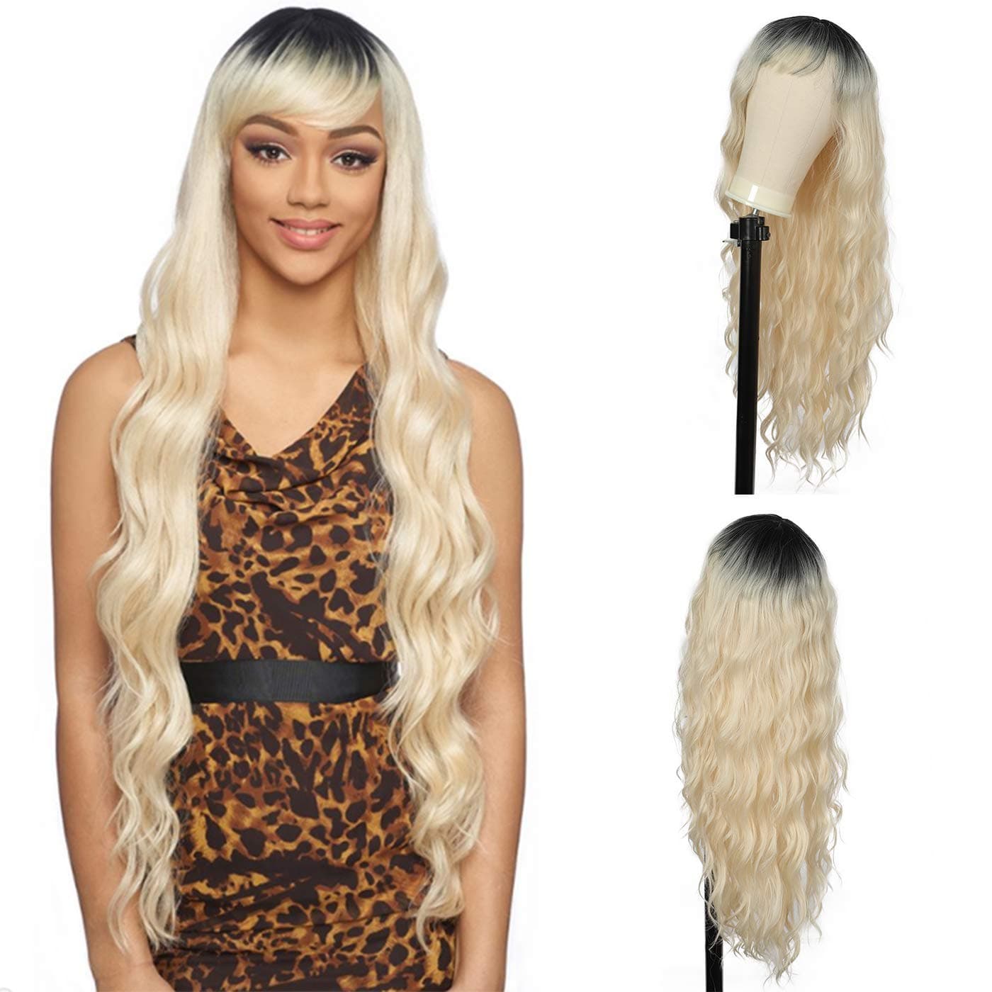 Sotica 32” Long Curly Wavy Wigs With Bangs for Women Middle Part Ombre Black to Blonde Wig Heat Resistant Natural Looking Synthetic Wigs Daily Party Use