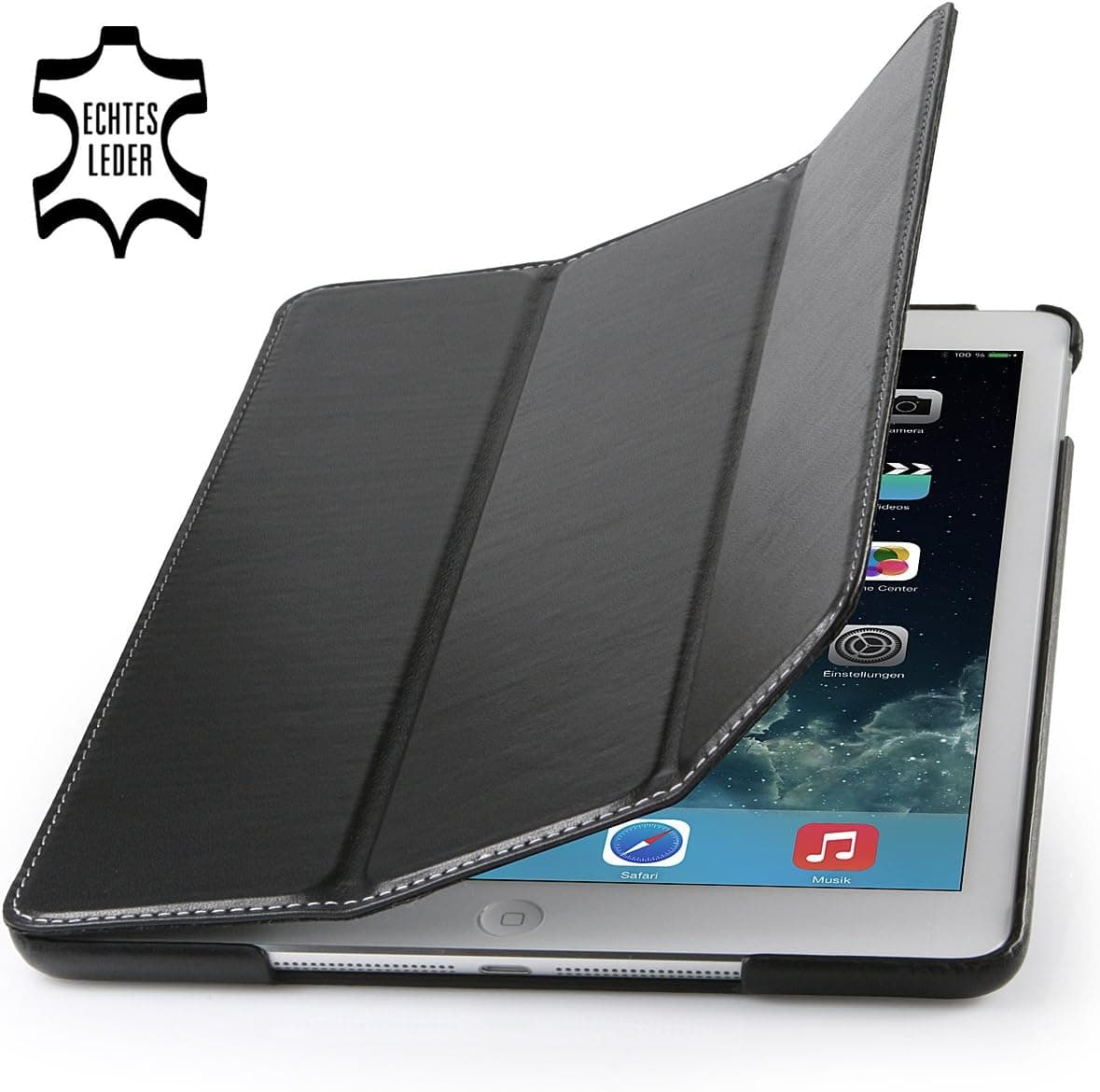StilGut® Couverture, Genuine Leather Case for Apple iPad Air with Smart-Cover Function, Black Nappa