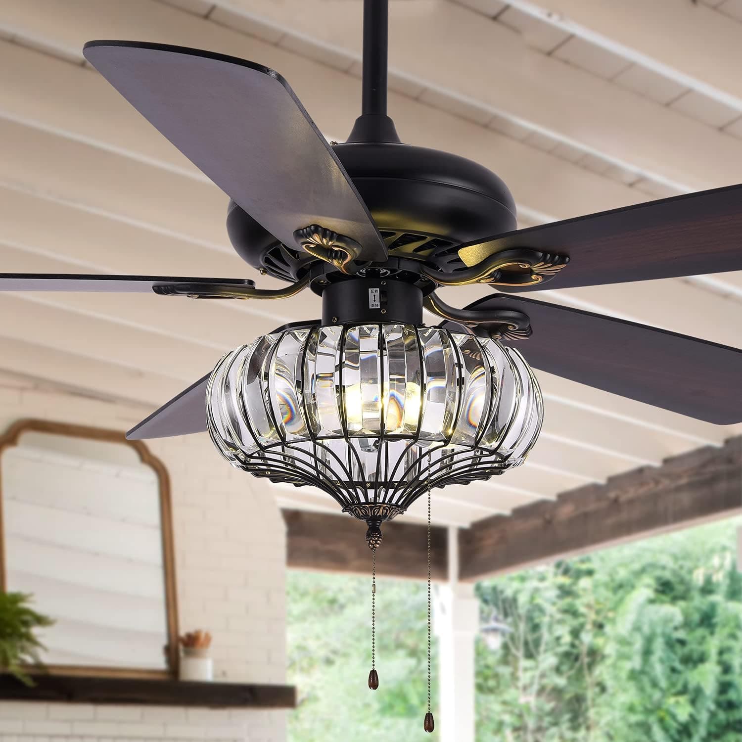 Sofucor Crystal Ceiling Fan with Lights and Remote Control AC Motor Modern Ceiling Fan with Pull Chain Control 52-Inch Flush Mount Ceiling Fan 5 Walnut with Black Edges Blades Reversible Motor
