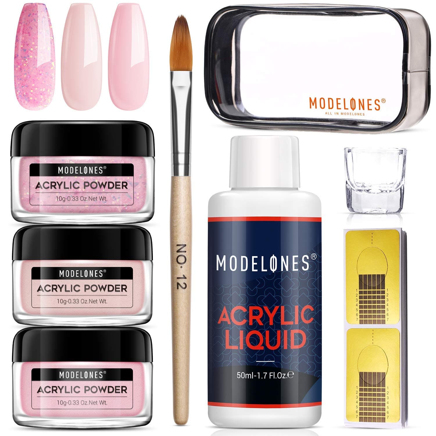 Modelones Acrylic Powder and Liquid Set Glitter Pink Acrylic Nail Kit with Professional Acrylic Nail Brush & Liquid Monomer No Need Nail Lamp, Long-Wear, MMA Free Liquid