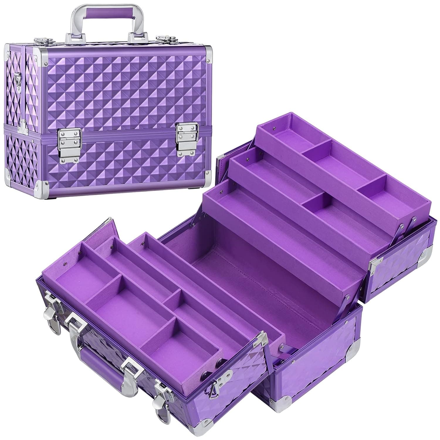 FRENESSA Extra Large Makeup Organizer Case Cosmetic Train Case 6 Trays Large Bottom with Shoulder Strap Travel Makeup Case for Makeup Artist, Cosmetology, Nail Tech Kits Makeup Box Storage Purple