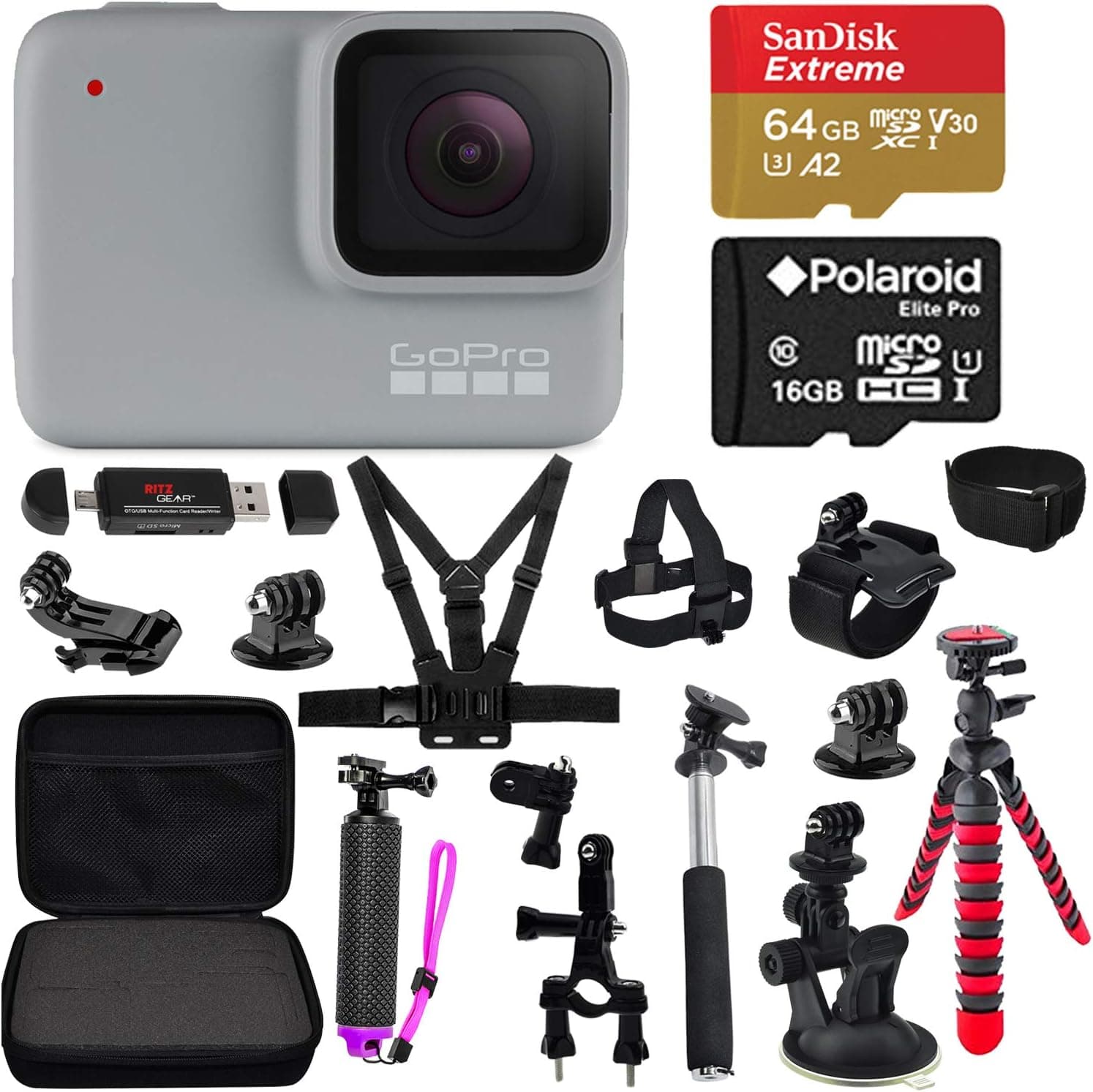 GoPro HERO7 White Digital Action Camera Kit with SanDisk 64GB Micro SD Card, Camera Case - Gopro Hero 7 Accessory Bundle