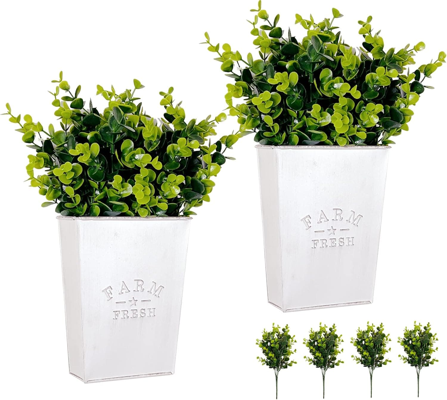 LESEN Farmhouse Rustic Wall Decor Metal Vase Planter with Artificial Eucalyptus ,Wall Hanging Plants Country Home Decor for Living Room Dining Kitchen Bathroom,Set of 2