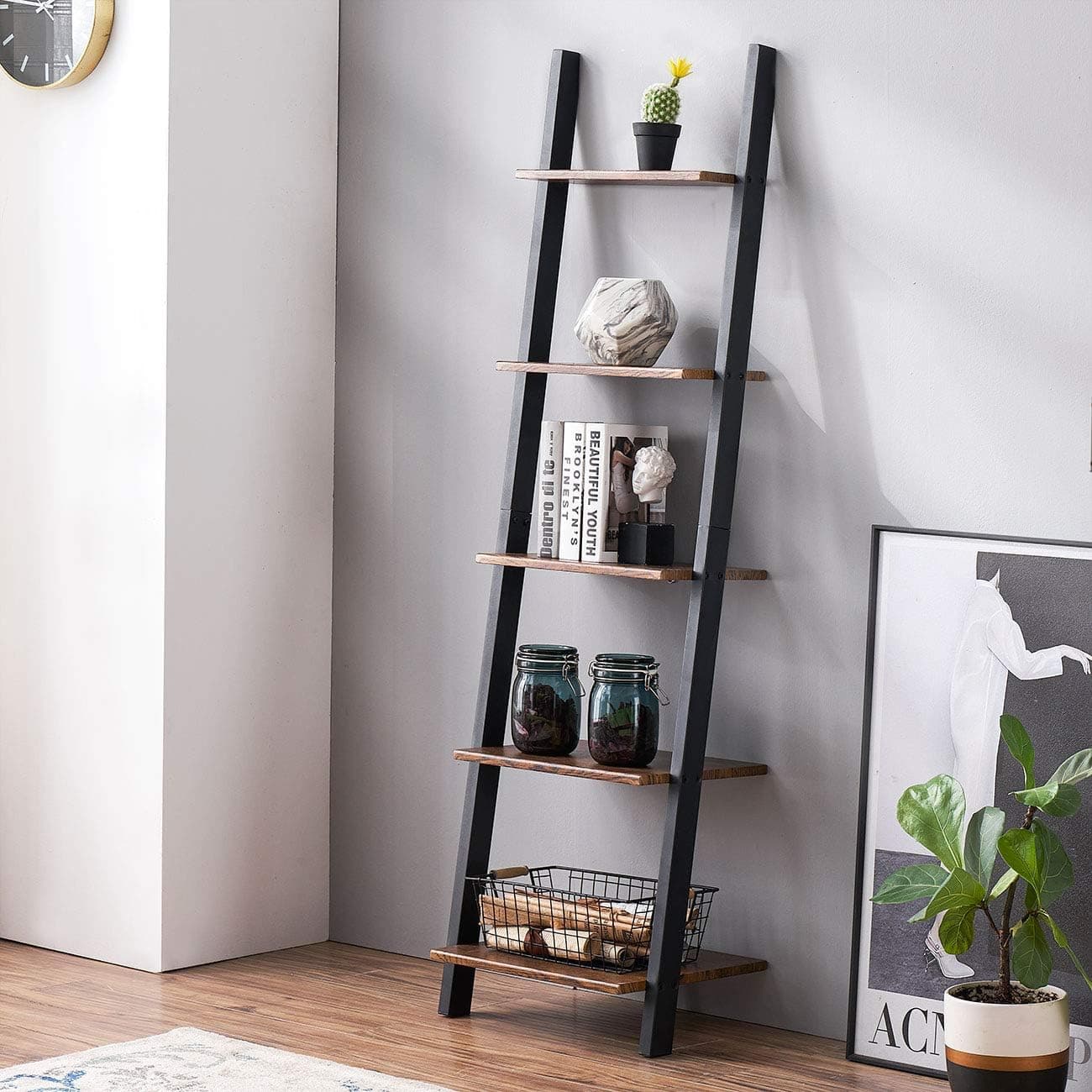 O&K FURNITURE Wall Leaning Ladder Shelf, 5-Tier Industrial Display Storage Racks for Living Room, Bathroom, Kitchen, Rustic Brown