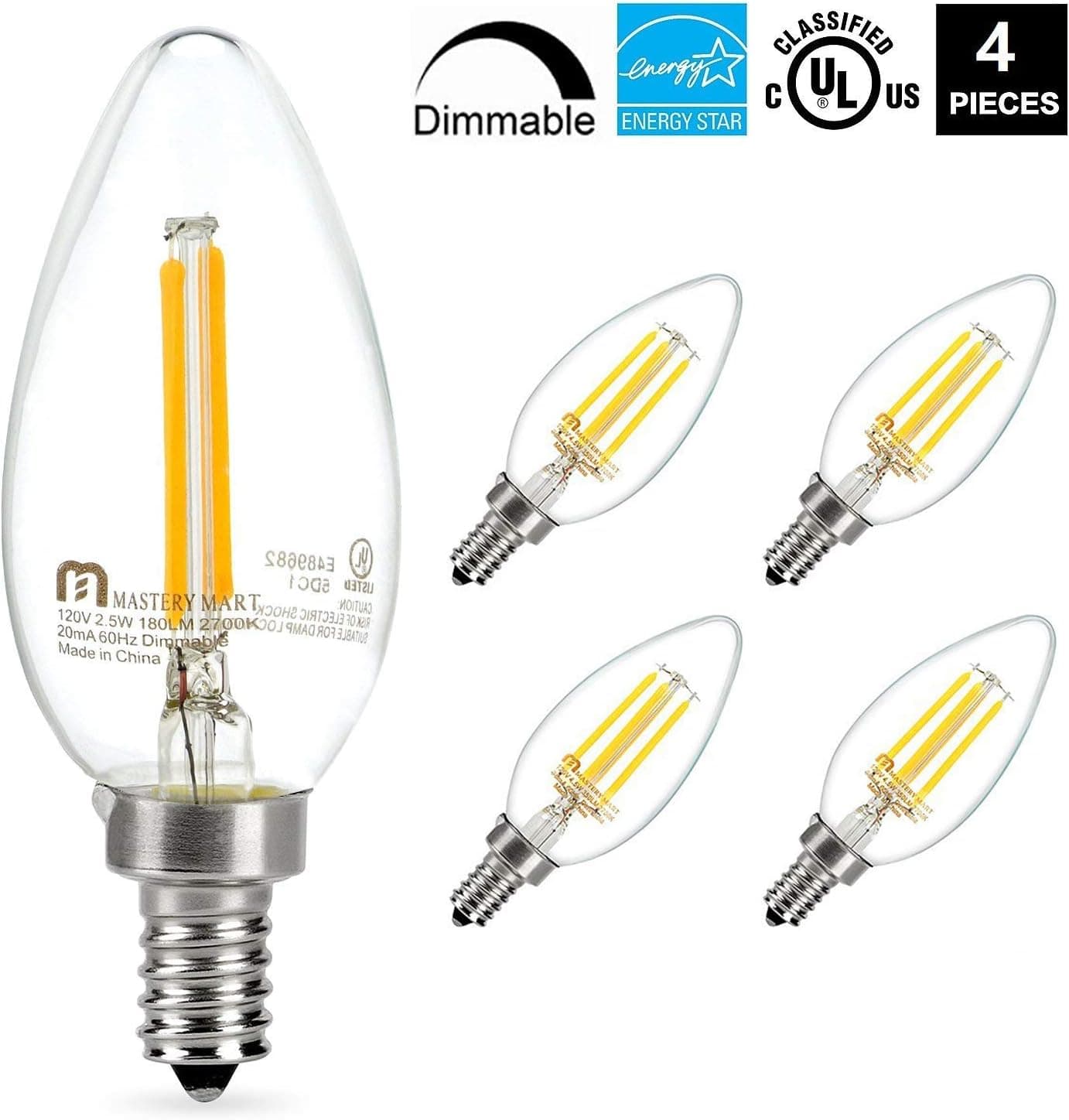 MASTERY MART Candelabra Led Filament Bulbs, 2.5W[25W Equivalent], Clear Glass, Dimmable, Chandelier B11 Bulb Decorative Candle, E12 Base, 2700K Soft White, 180 Lumens (Pack of 4)
