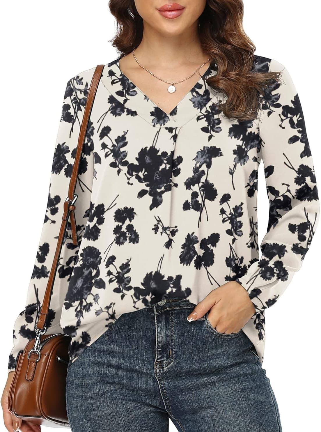 Jouica Blouses for Women Casual Chiffon Blouse Tops Loose V Neck Long Sleeve Blouse