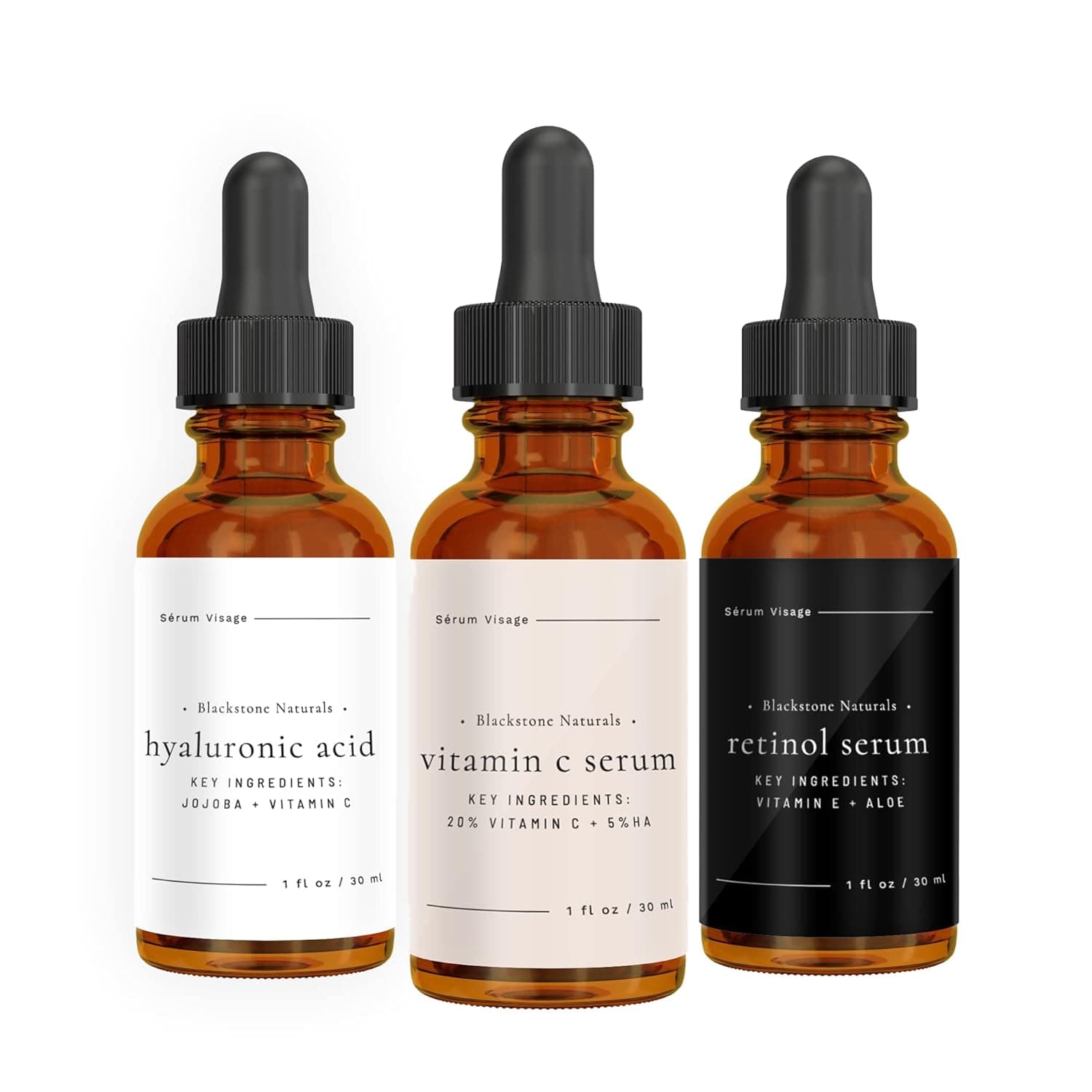 Blackstone Facial Serum Set - Vitamin-C, Retinol, Hyaluronic Acid (3 Pack) for Day and Night Beauty Regimen - All Natural and Moisturizing