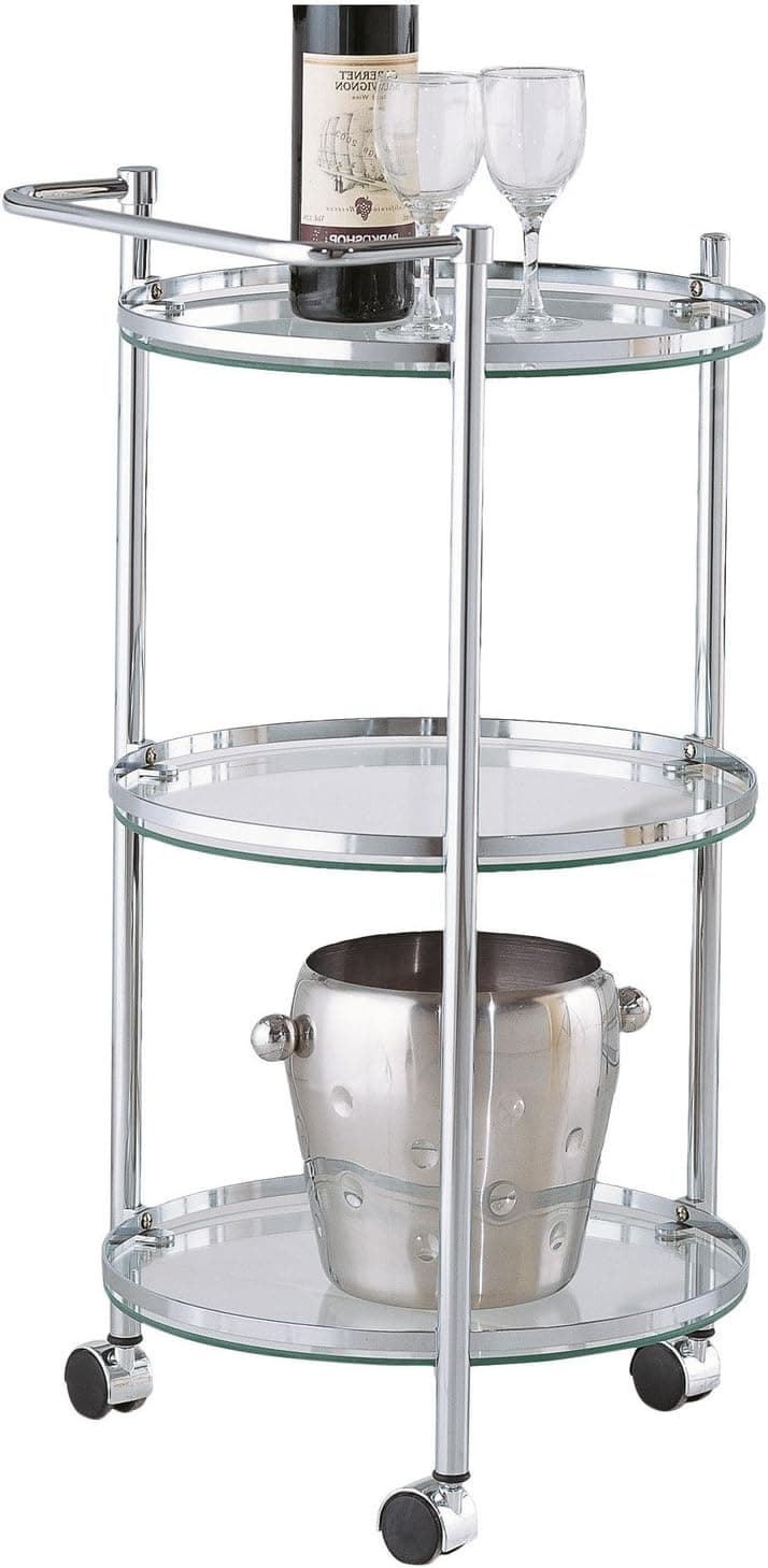 Clear Tempered Glass Round Sleek Chrome Serving Cart with Wheels