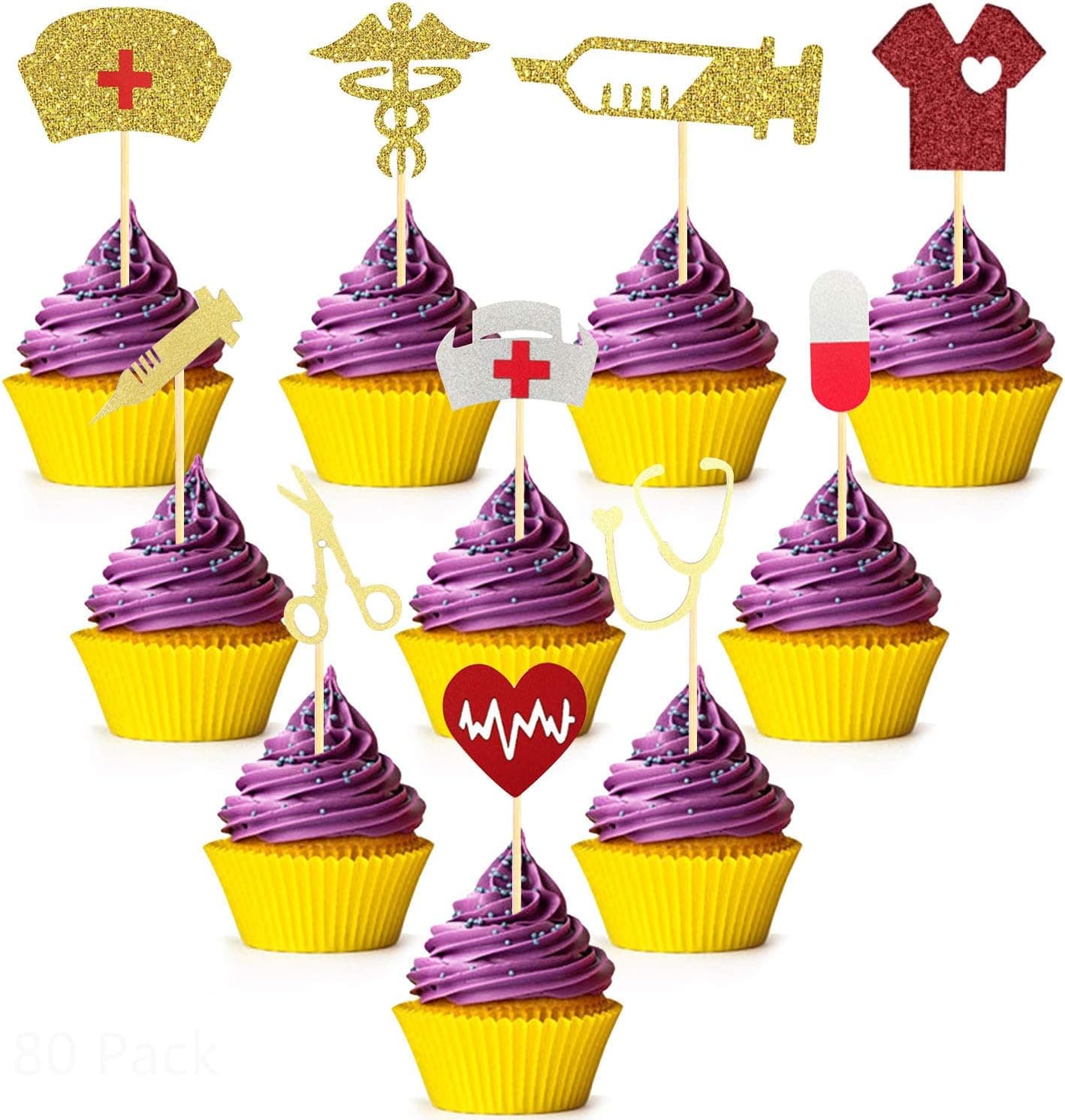 Trounistro 80 Pieces Nurse Graduation Cupcake Toppers Glitter Nursing Cake Toppers for Nurse Themed Graduation Party Supplies, 10 Styles