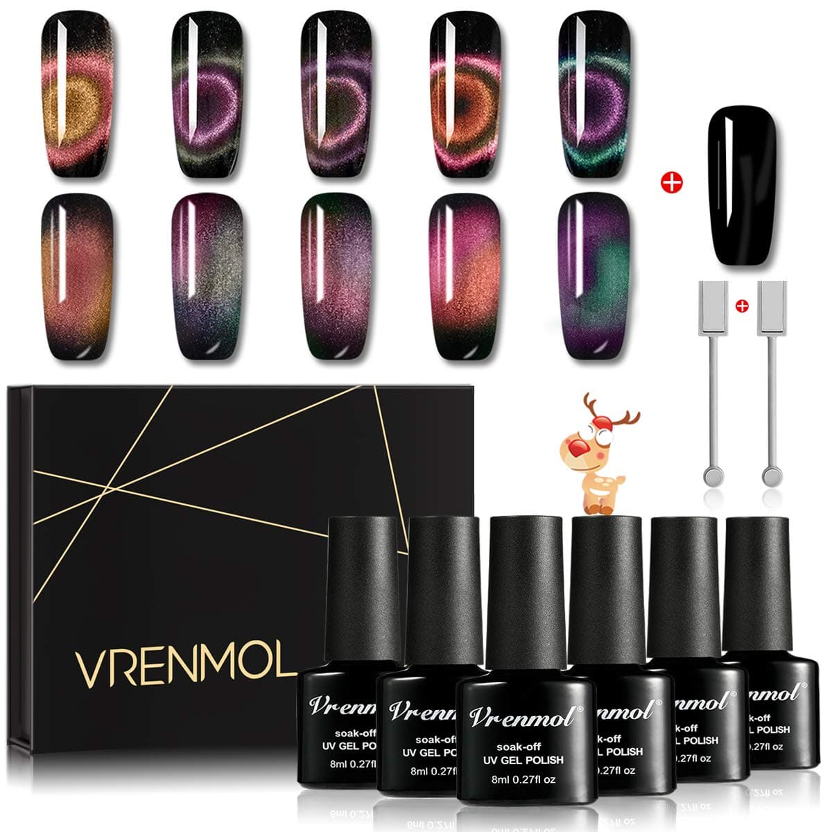 VRENMOL Magnetic 9D Cat Eye Nail Gel Polish Chameleon UV LED Shining Set Nail Art Kit 5*Colors+1*Black Color 8ml + 2*Free Magnet Stick …