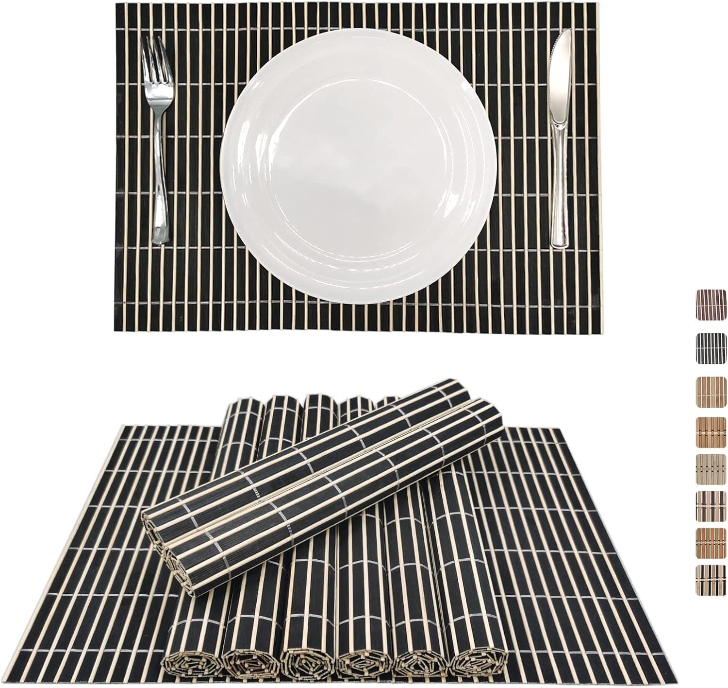 ANDSTAR Set of 8 Pcs Bamboo Placemats Natural Anti-Slip Bamboo Placemats Washable Heat-Resistant Table Mats for Dining Room and Kitchen (Black)