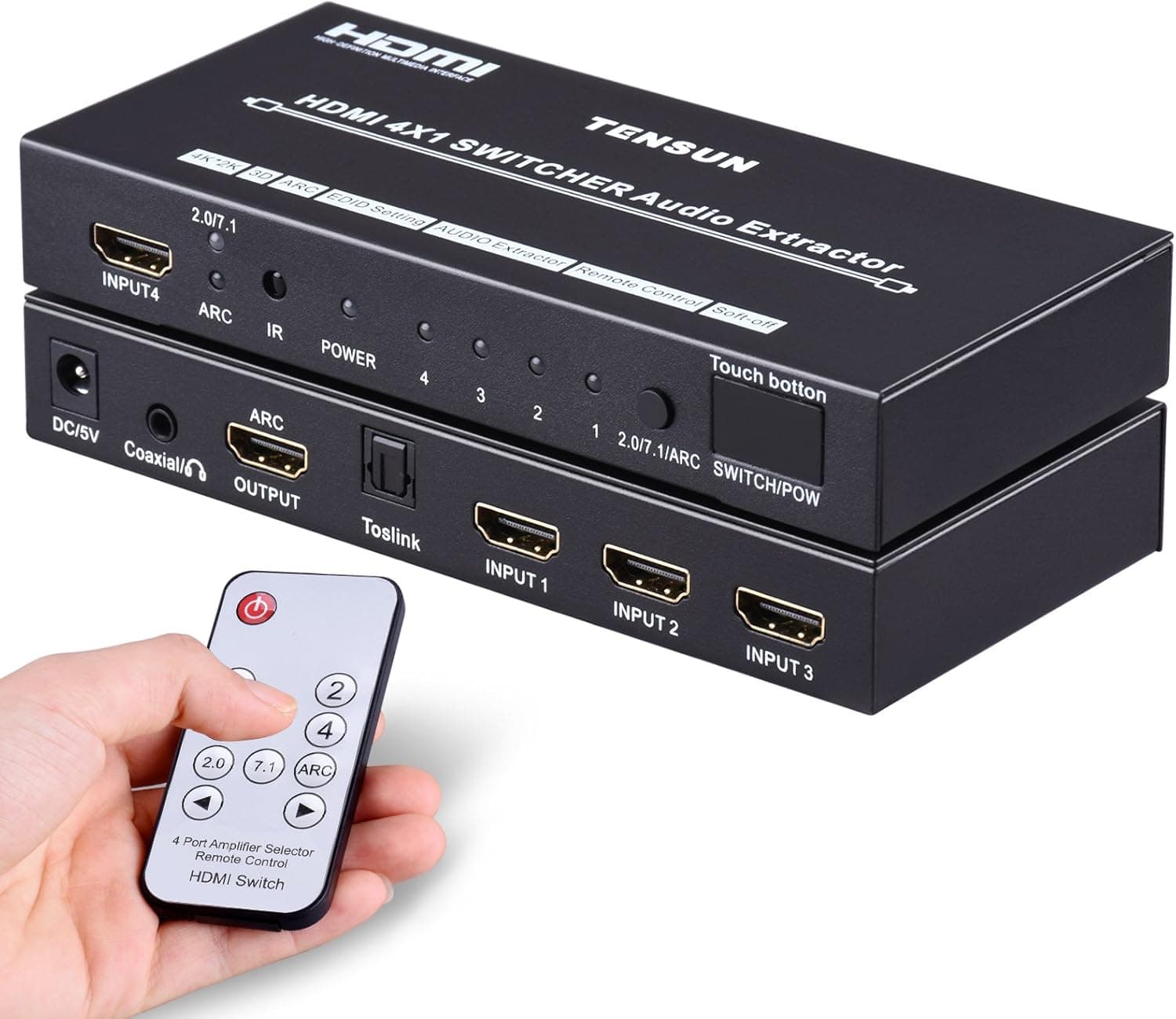 Tensun HDMI Switch [Ultra HD 4K x 2K], 4 Ports HDMI Audio Extractor Switcher Converter with TOSLINK Optical SPDIF & RCA L/R Audio Out - 3D 1080P | ARC - Includes IR Remote & Power Adapter