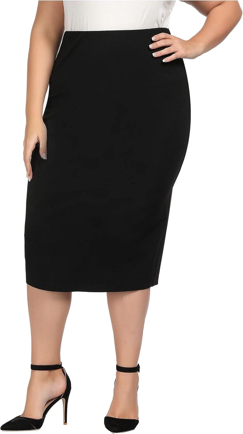 Chicwe Women's Plus Size Stretch Long Tailored Calf Length Pencil Skirt with Elastic Waistband 1X Black
