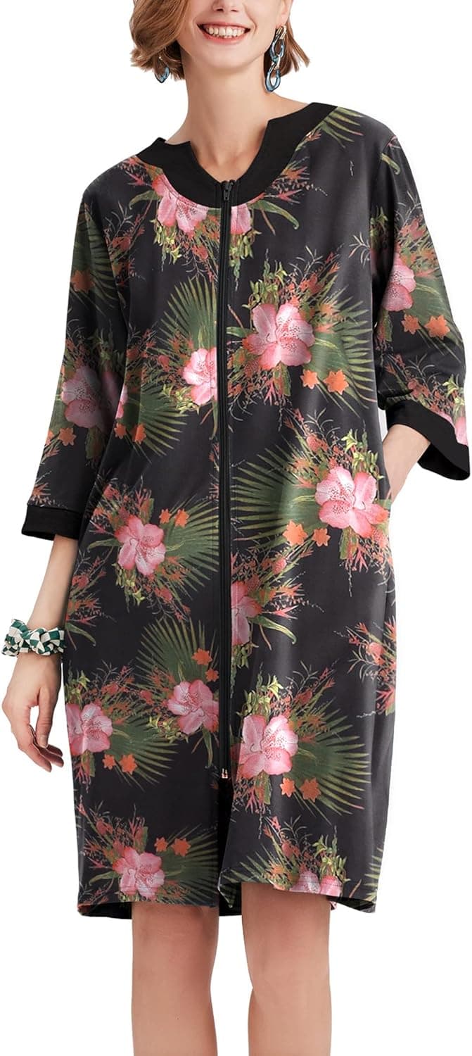 Ekouaer Women Zipper 3/4 Sleeve Lightweight Robes