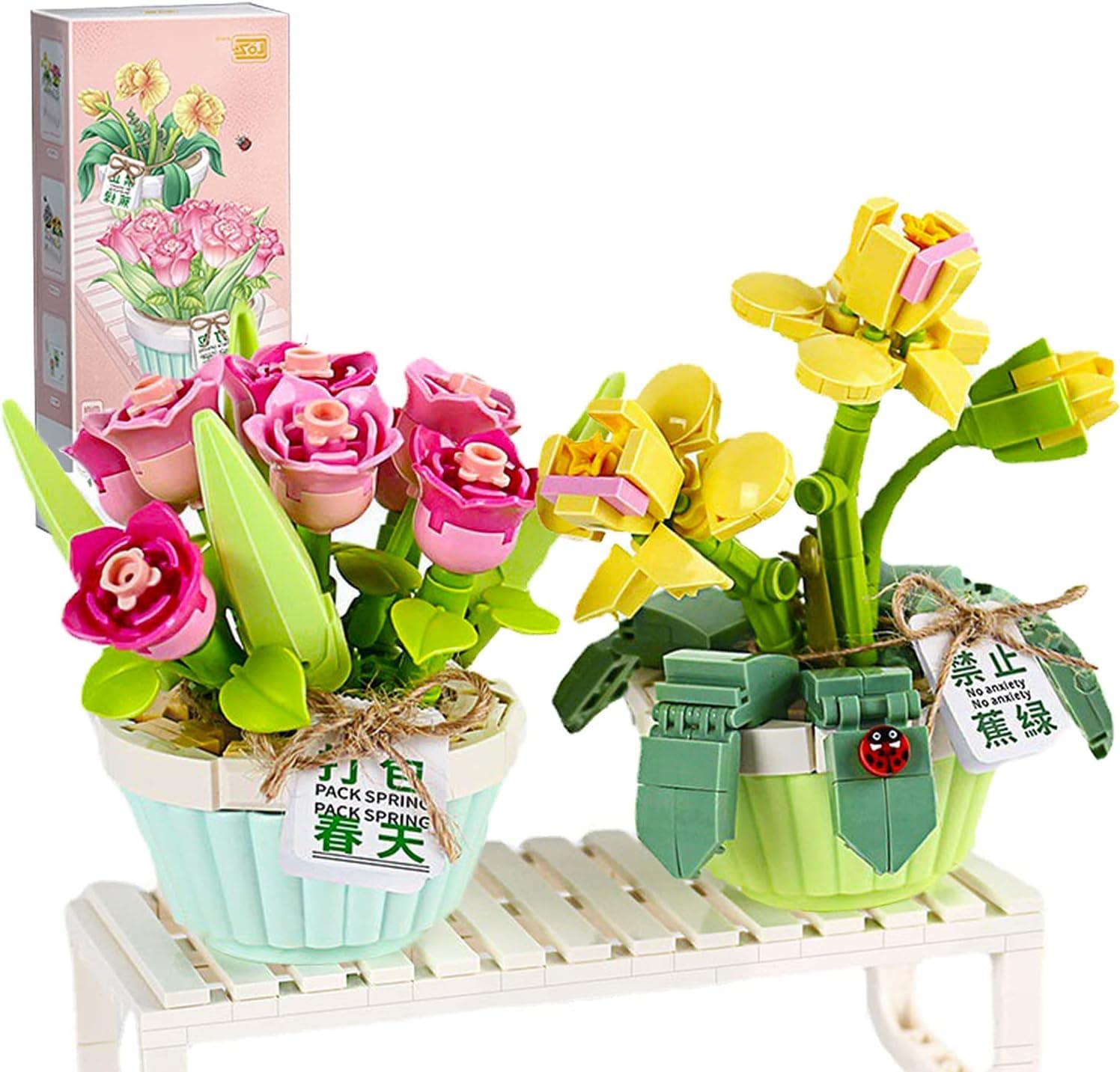 Baoswi Flower Mini Orchid Bonsai Tree Building Block Set 2PCS Pink Cute Pot Plant Toys Kit Valentines Mothers Day Love Romantic Gifts Creative Home Decor for Her Girlfriends Women Adults Kids