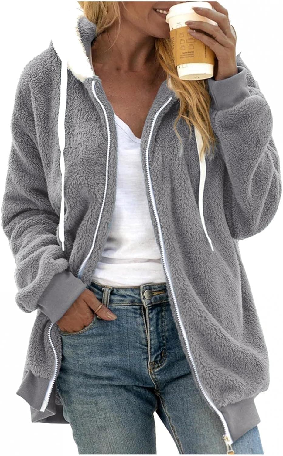 SNKSDGM Jacket for Women Winter Oversized Zip Up Sherpa Fleece Hoodies Coats Long Sleeve Fuzzy Warm Hooded Sweatshirt Outwear