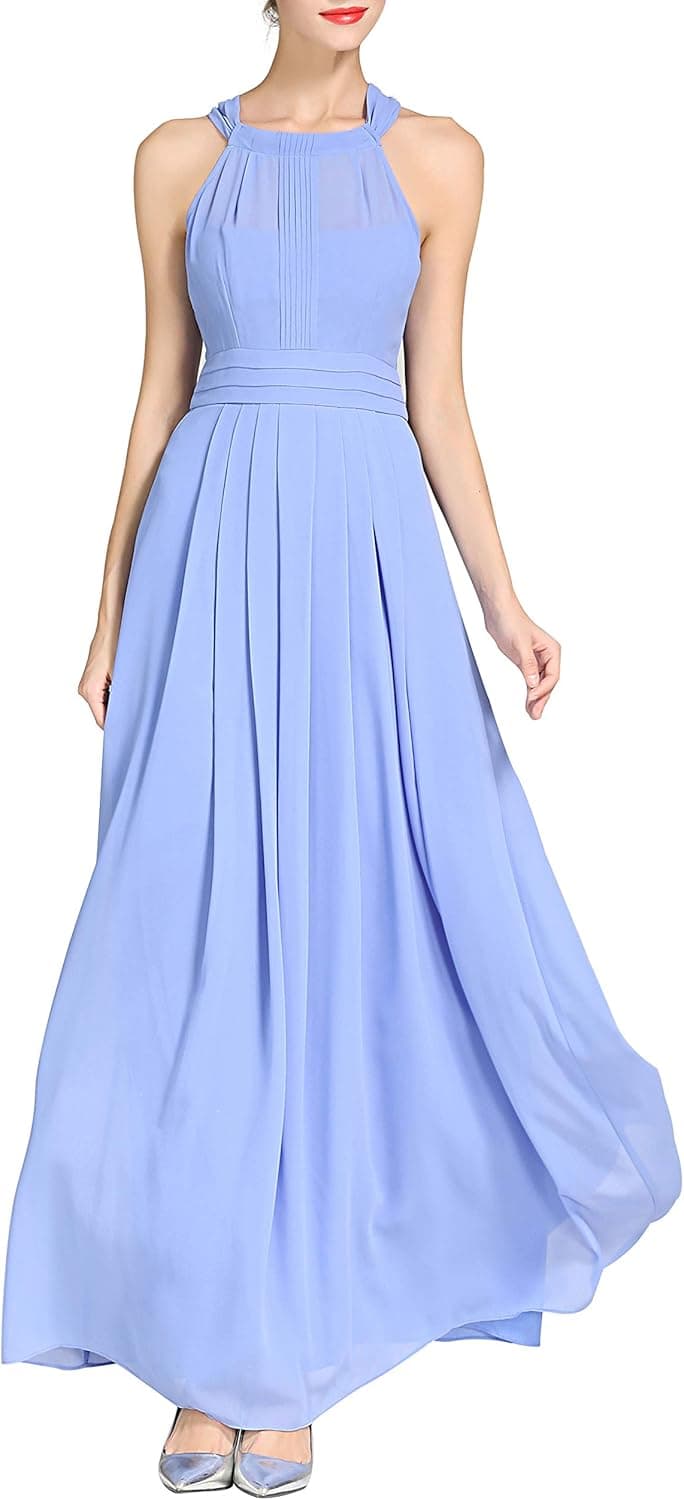 Little Smily Women's A-line Halter Top Chiffon Pleated Maxi Bridesmaid Dress