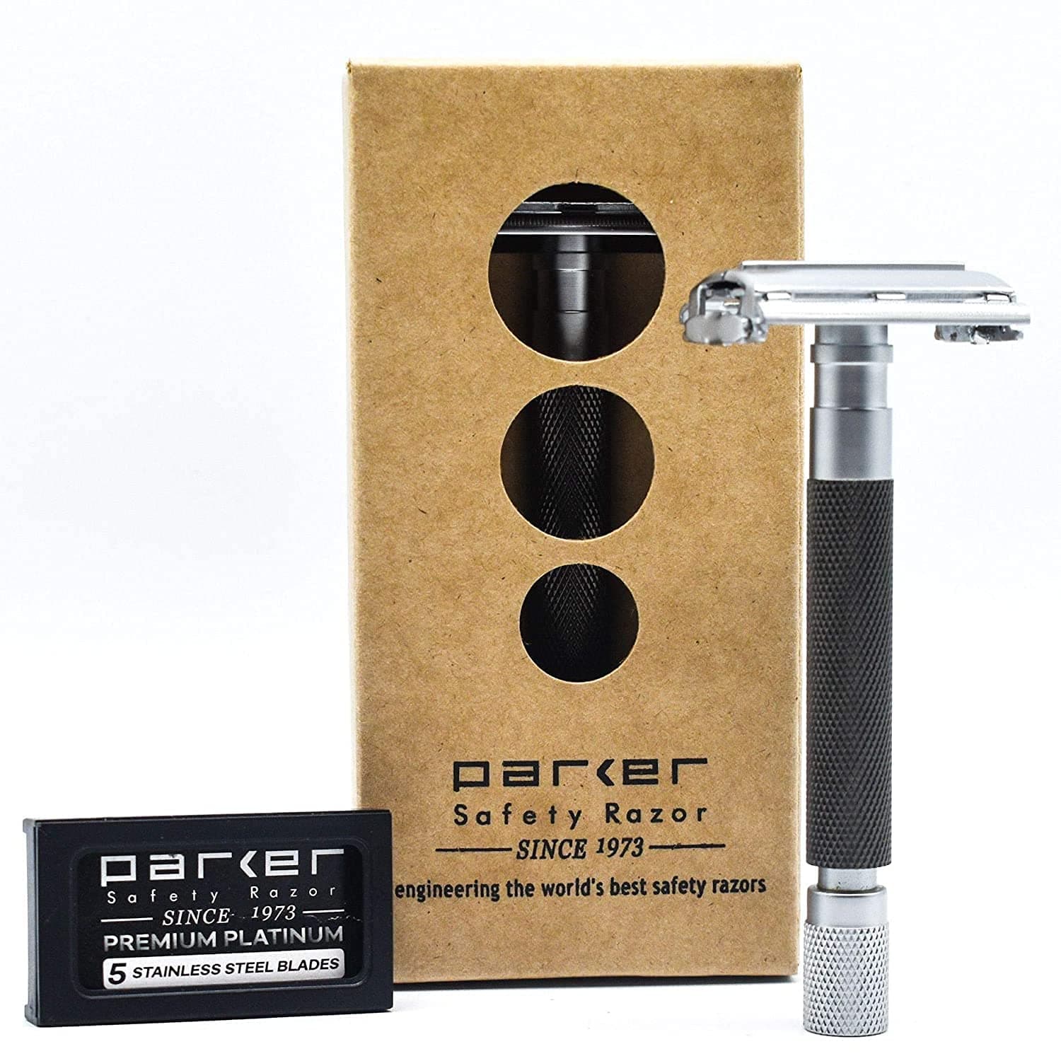 Parker Safety Razor, Parker 74R Graphite Gray - Long Handle Heavyweight Butterfly Open Double Edge Safety Razor for Men, 5 Parker Premium Platinum Double Edge Razor Blades included