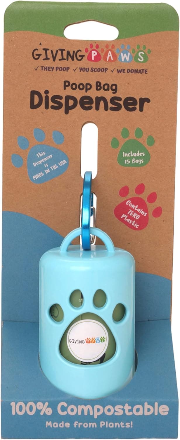 Giving Paws Plant Based Poop Bag Dispenser - Contains Zero Plastic -100% Compostable - Gives Back to Animal Rescue - Made in the USA -Dog Poop Bag Holder with 15 Poop Bags and Carabiner for Leash