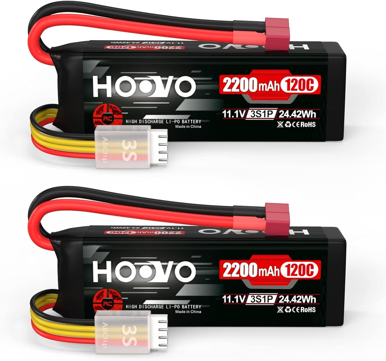 HOOVO 3S 11.1V Lipo Battery 2200mAh 120C RC Battery with Deans T Connector for RC Truggy RC Truck RC Airplane Helicopter Drone (2 Pack)