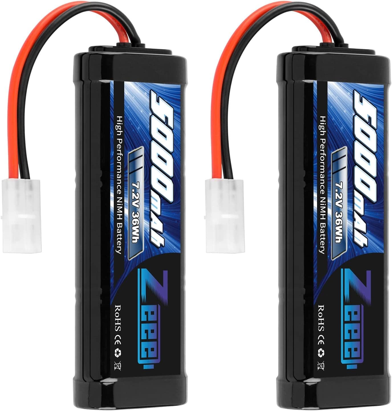 Zeee 7.2V 5000mAh NiMH Battery with Tamiya Plug 6-Cell Rechargeable Battery Pack High Power for RC Car Truck Truggy Buggy Associated HPI Losi Kyosho Tamiya Hobby Models(2 Pack)