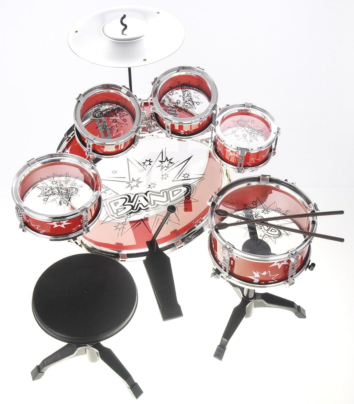 PowerTRC Musical Drum Instrument Set | Toy Drum For Kids | Set Includes 6 Drums, Cymbal, Chair, Kick Pedal, Drumsticks | Red