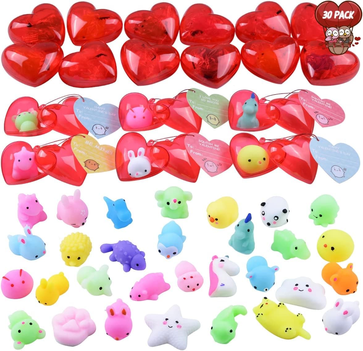 30 Pack Valentine Mochi Squishy Toys Filled Hearts with Valentine Cards, Kawaii Animal Mochi Squishies for Kids Valentine Classroom Exchange, Valentine Party Favors, Stress Relief Toys,Classroom Prize