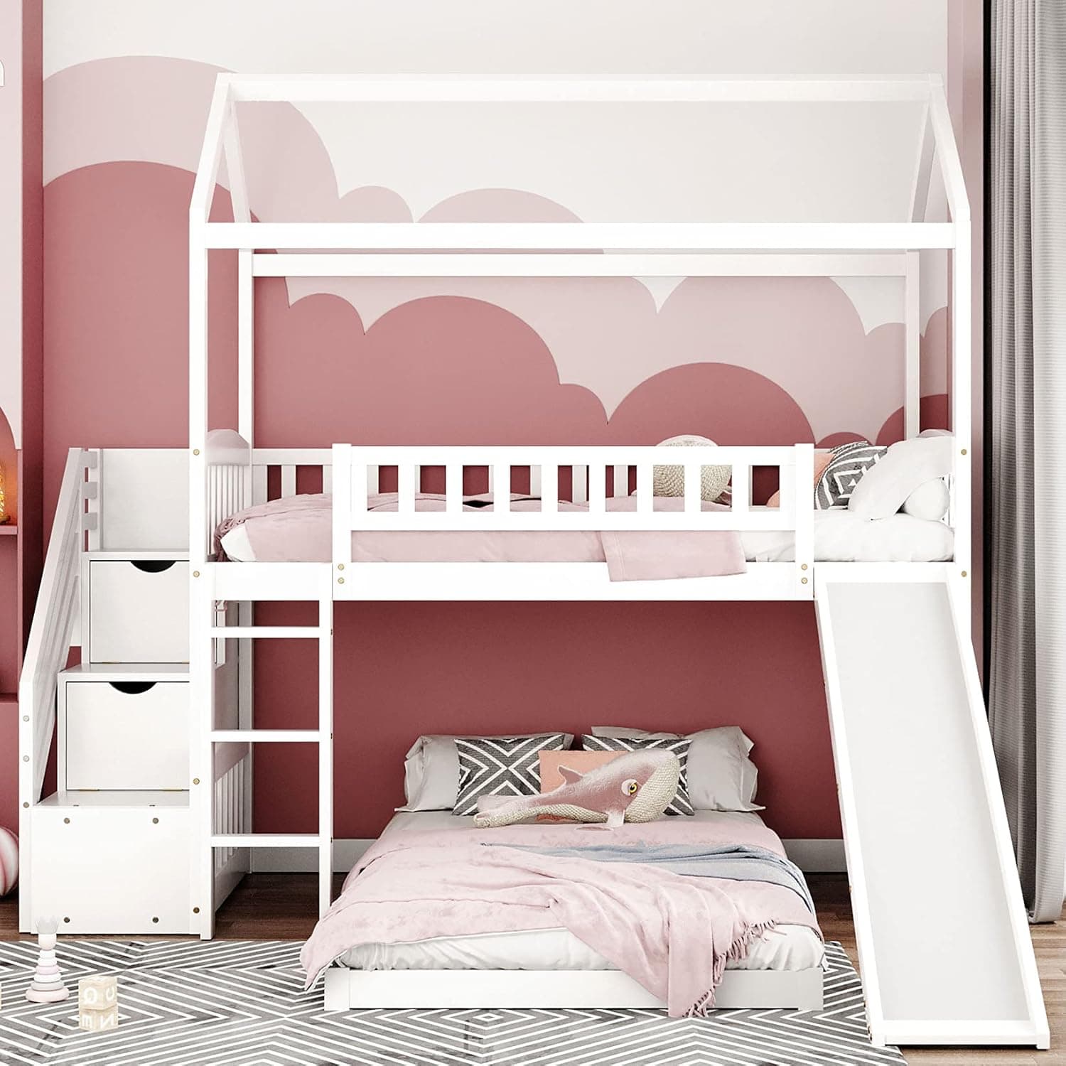 Harper & Bright Designs House Bunk Beds with Slide and Staircase, Twin Over Twin Bunk Beds with Roof and Guardrail for Kids, No Box Spring Needed (White (Slide+Staircase), Twin Over Twin)