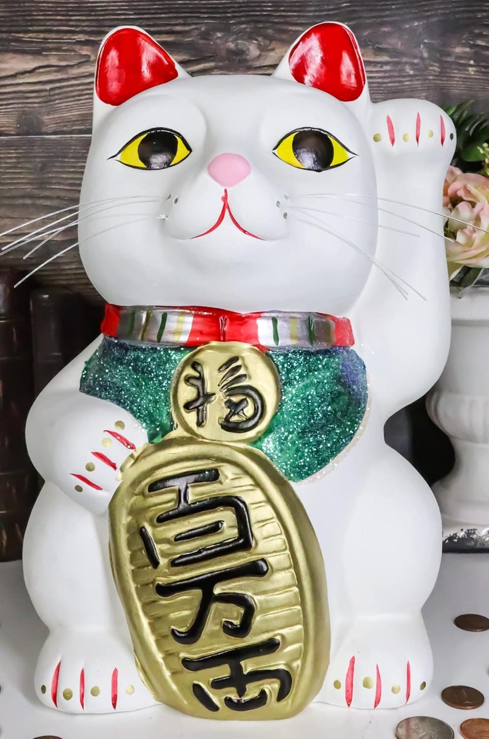 Ebros Japanese Luck and Fortune Charm White Beckoning Cat Maneki Neko Money Coin Bank Ceramic Statue Feng Shui Piggy Box Collectible Figurine (12.5" Inches Tall)